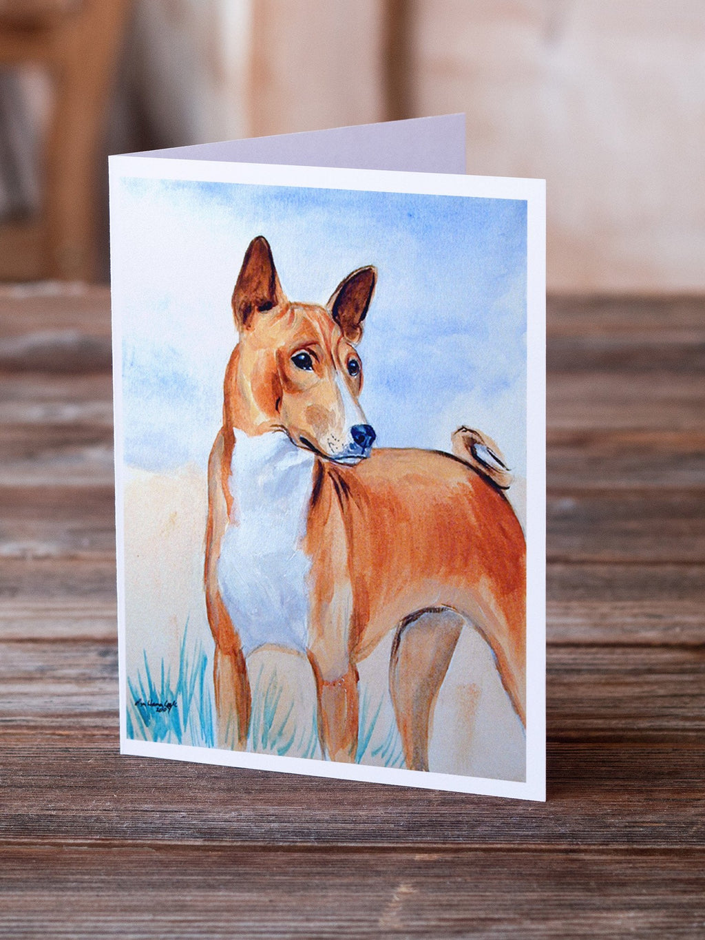 Red and White Basenji Greeting Cards Pack of 8 Blank Cards with Envelopes Whimsical A7 Size 5x7