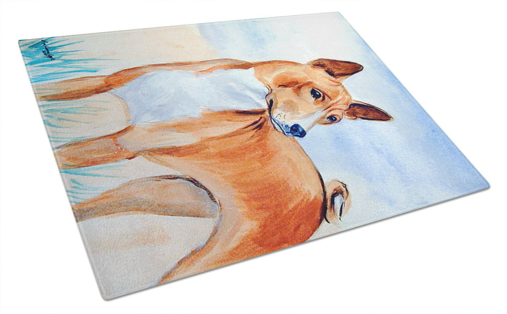 Red and White Basenji Cutting Board Tempered Glass Kitchen Cutting Surface, Heat Resistant Chopping, Non-Slip Feet, Food Prep & Serving
