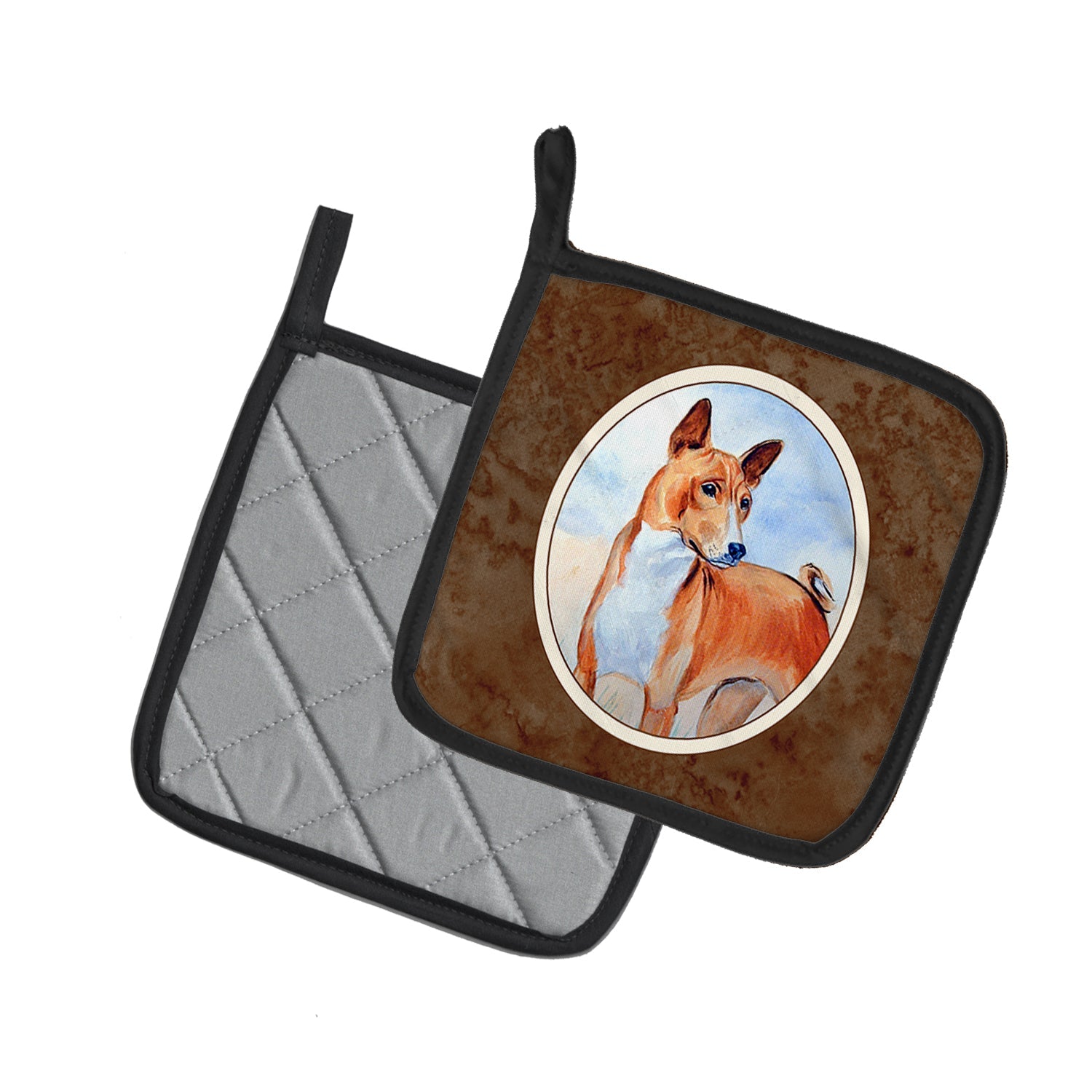 Red and White Basenji Pot Holder Set of 2 Heat Resistant Quilted Hot Pads 7.5 x 7.5 Inch, Insulated Kitchen Trivets for Cooking & Baking