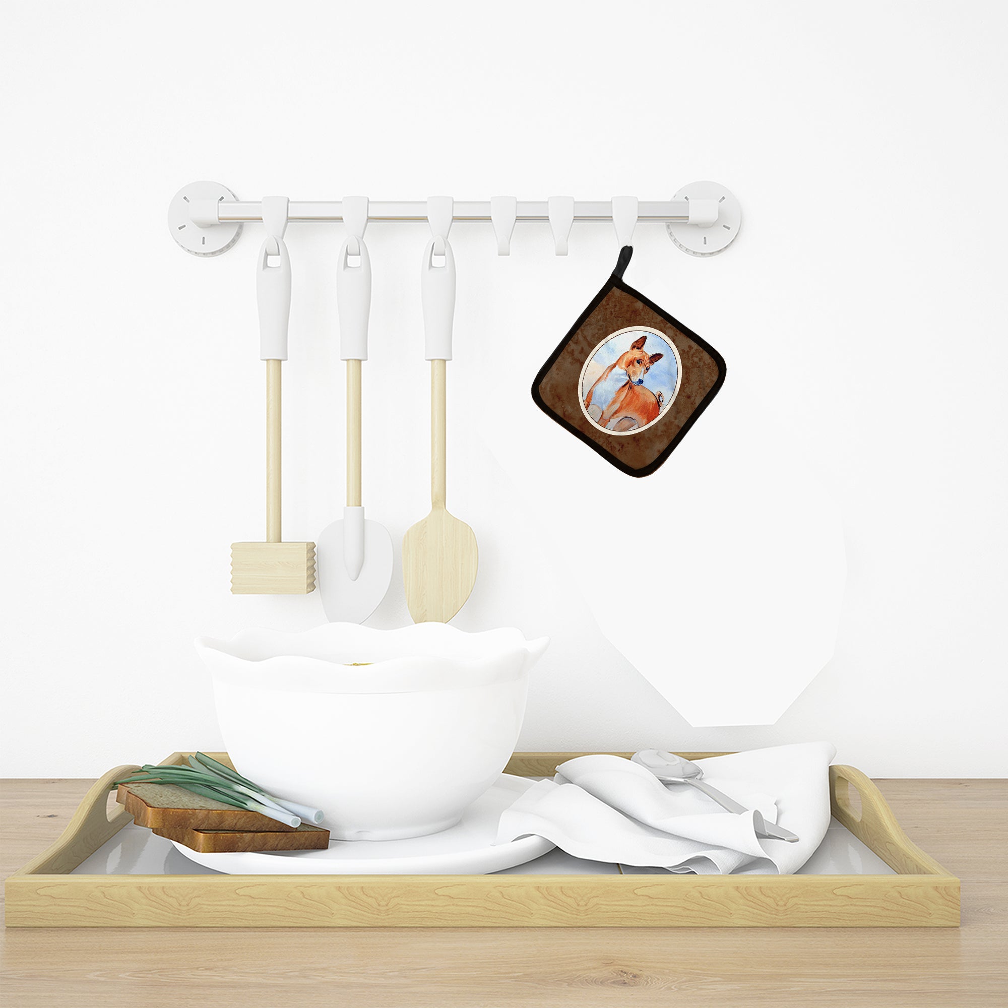 Red and White Basenji Pot Holder Set of 2 Heat Resistant Quilted Hot Pads 7.5 x 7.5 Inch, Insulated Kitchen Trivets for Cooking & Baking