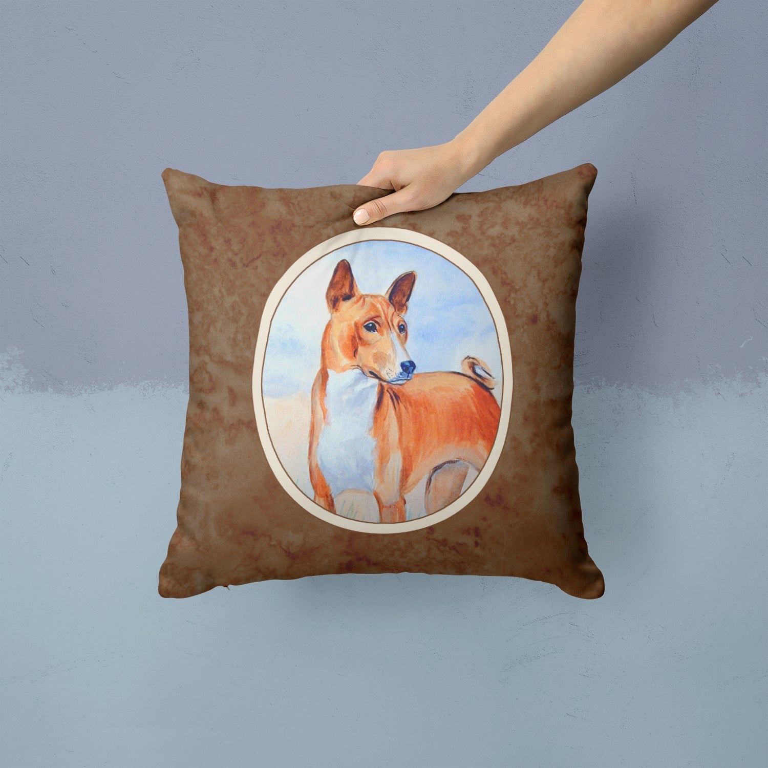 Red and White Basenji Decorative Throw Pillow 14x14 Indoor Outdoor Accent Cushion, Fabric Cover with Insert for Sofa, Bed, Porch & Living Room