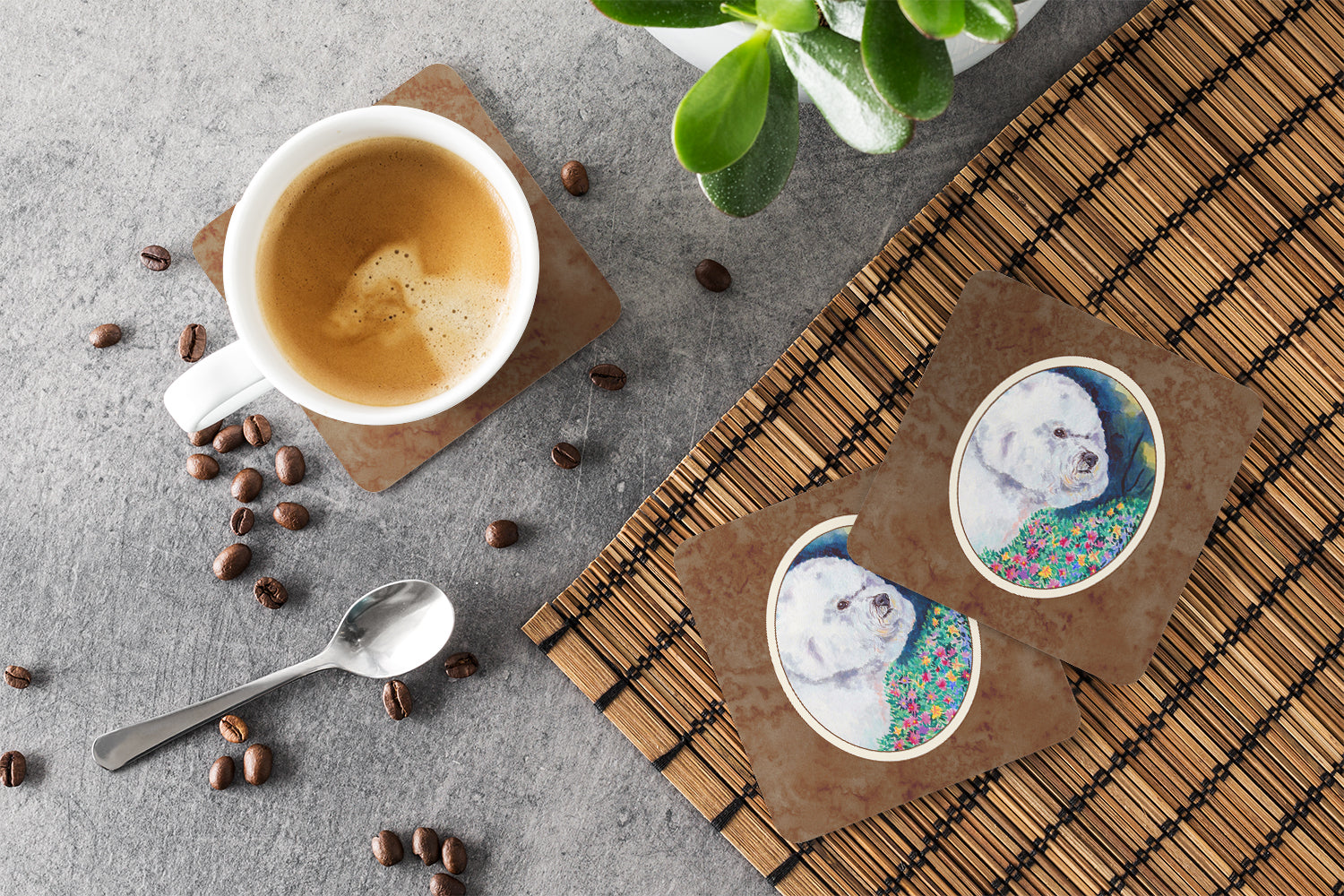Bichon Frise Foam Coasters Set of 4 Cup Coasters for Indoor Outdoor, Tabletop Protection, Anti Slip, Mouse pad Material