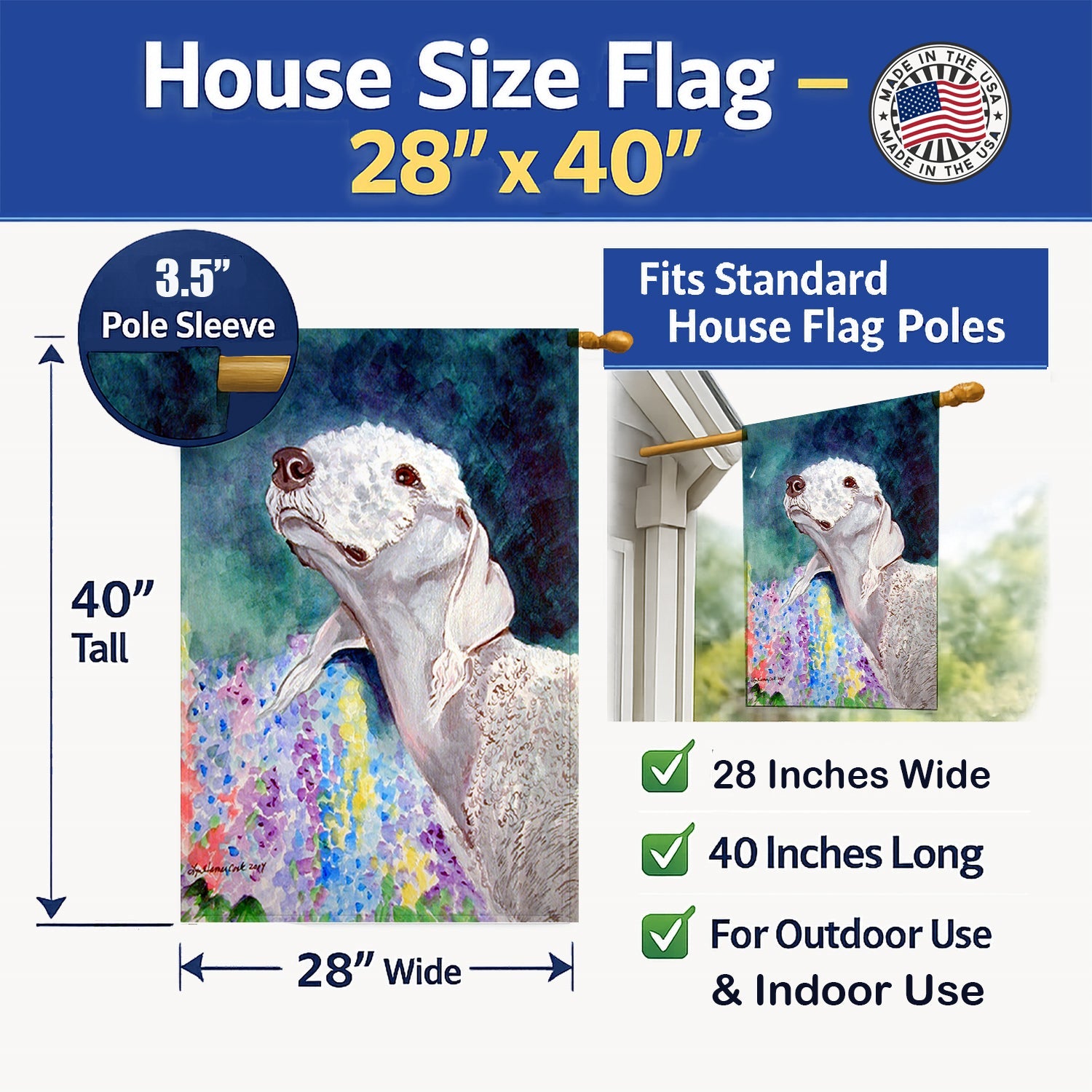 Bedlington Terrier House Flag 28x40 Porch Sleeve Pole Decorative Outside Yard Banner Artwork Wall Hanging, Polyester