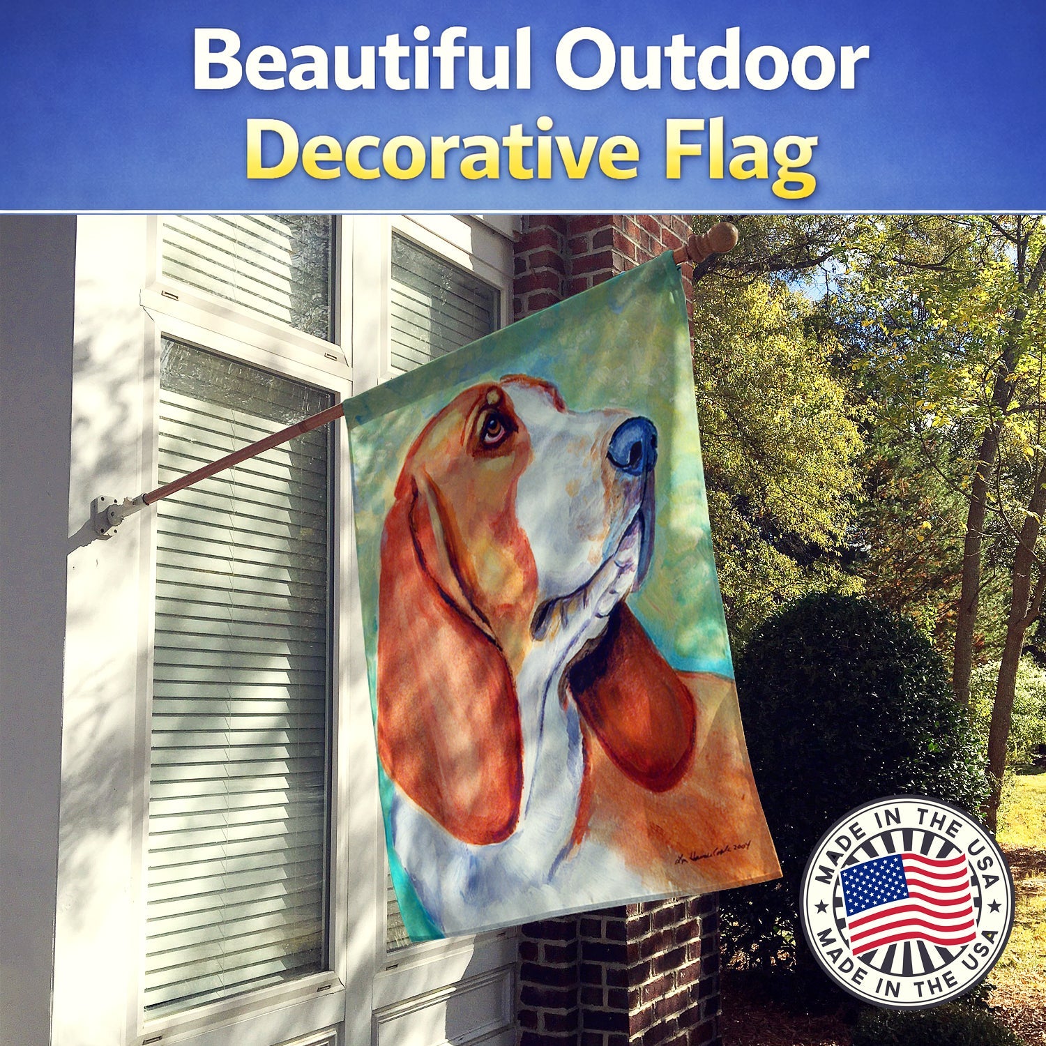 Basset Hound House Flag 28x40 Porch Sleeve Pole Decorative Outside Yard Banner Artwork Wall Hanging, Polyester