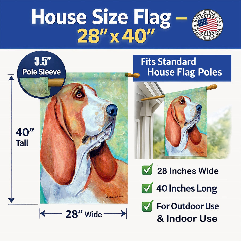 Basset Hound House Flag 28x40 Porch Sleeve Pole Decorative Outside Yard Banner Artwork Wall Hanging, Polyester