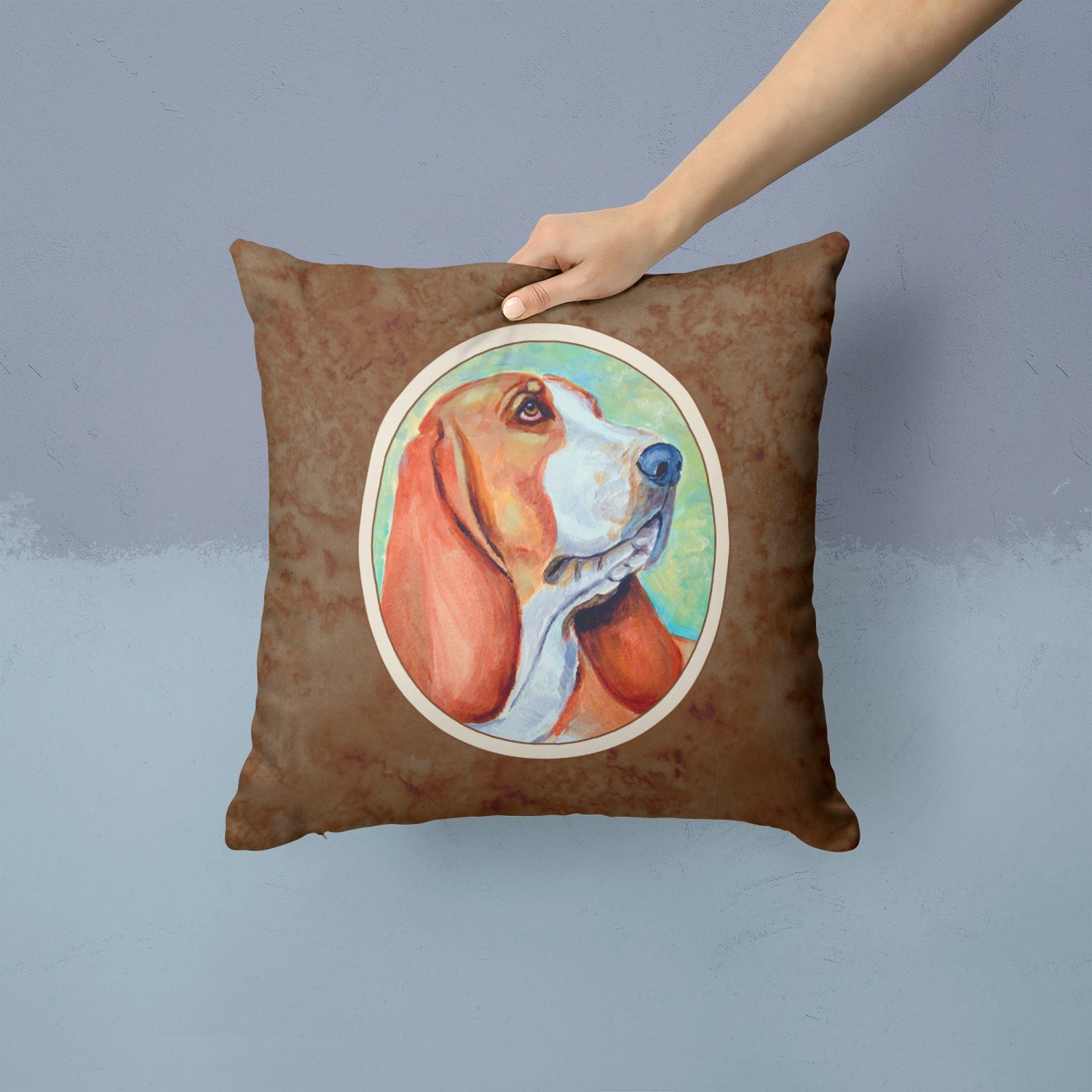 Basset Hound Decorative Throw Pillow 14x14 Indoor Outdoor Accent Cushion, Fabric Cover with Insert for Sofa, Bed, Porch & Living Room