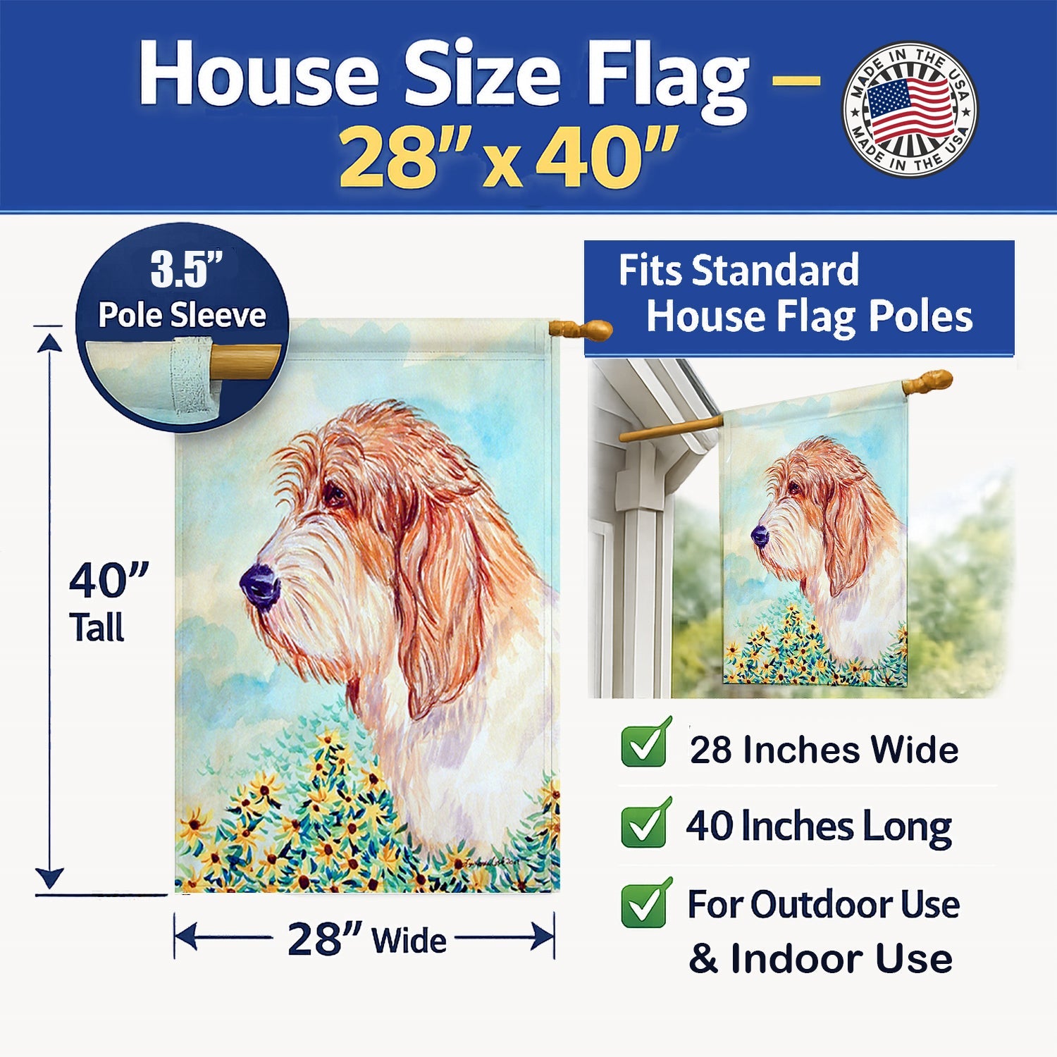 Petit Basset Griffon Vendeen PBGV House Flag 28x40 Porch Sleeve Pole Decorative Outside Yard Banner Artwork Wall Hanging, Polyester