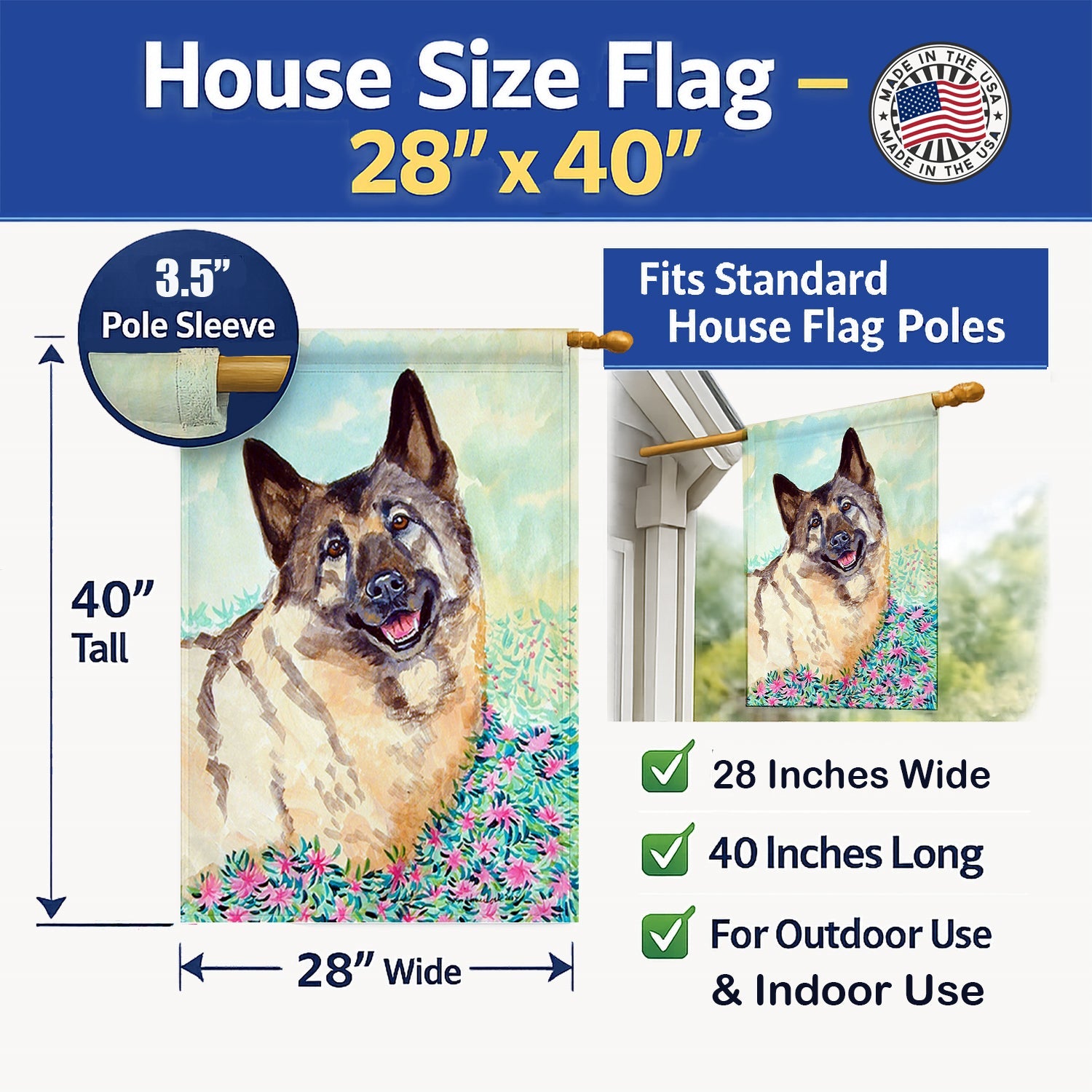 Norwegian Elkhound House Flag 28x40 Porch Sleeve Pole Decorative Outside Yard Banner Artwork Wall Hanging, Polyester