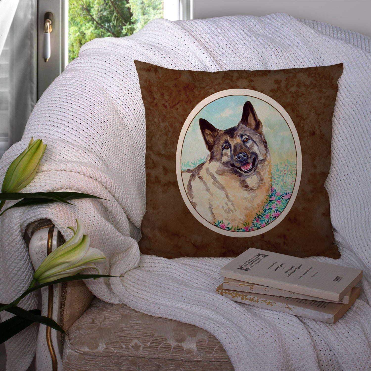 Norwegian Elkhound Decorative Throw Pillow 14x14 Indoor Outdoor Accent Cushion, Fabric Cover with Insert for Sofa, Bed, Porch & Living Room