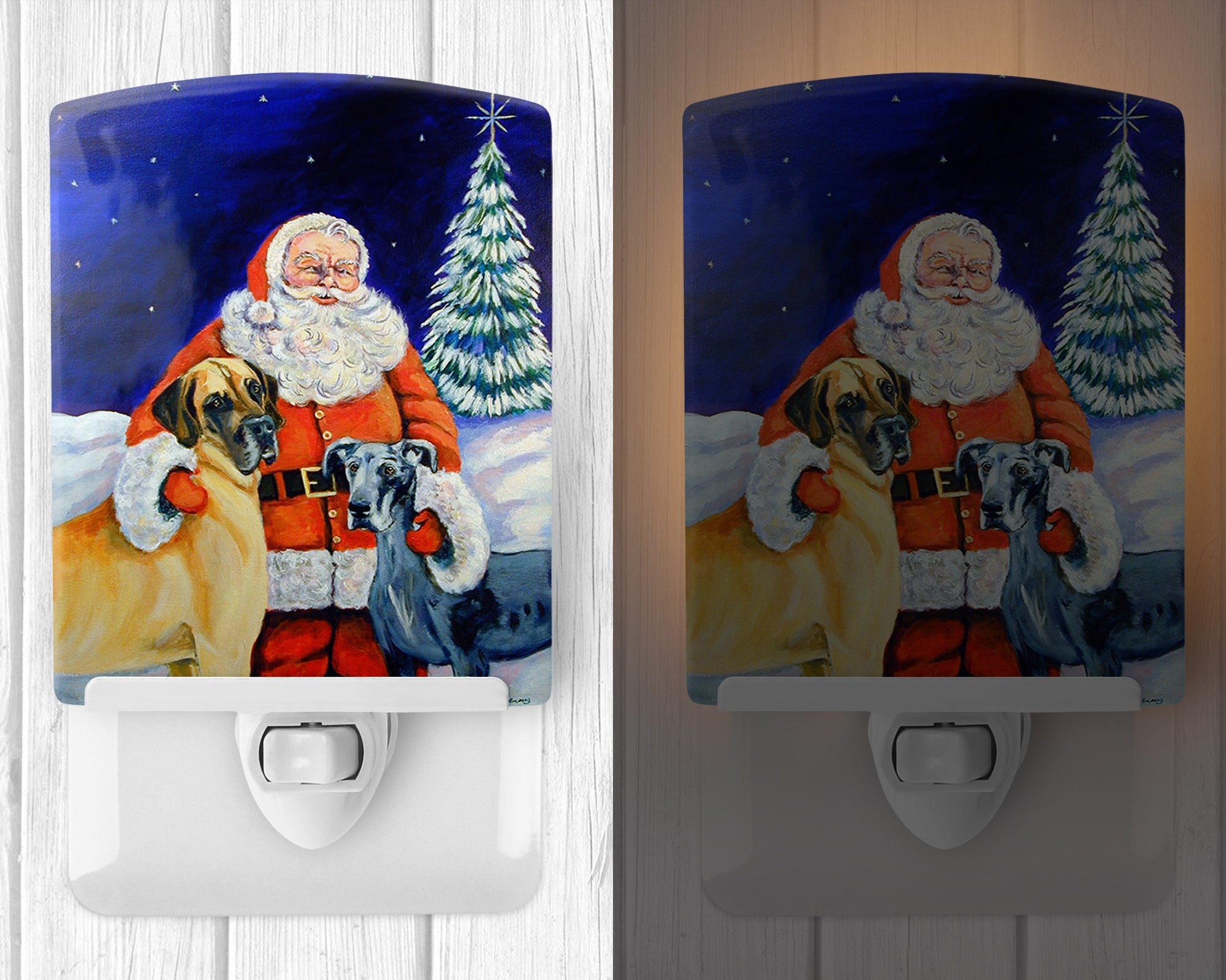 Santa Claus with Great Dane Ceramic Night Light Compact, UL-Certified, Ideal for Bedroom, Bathroom, Nursery, Hallway, Kitchen, 6x4x3, Multicolor