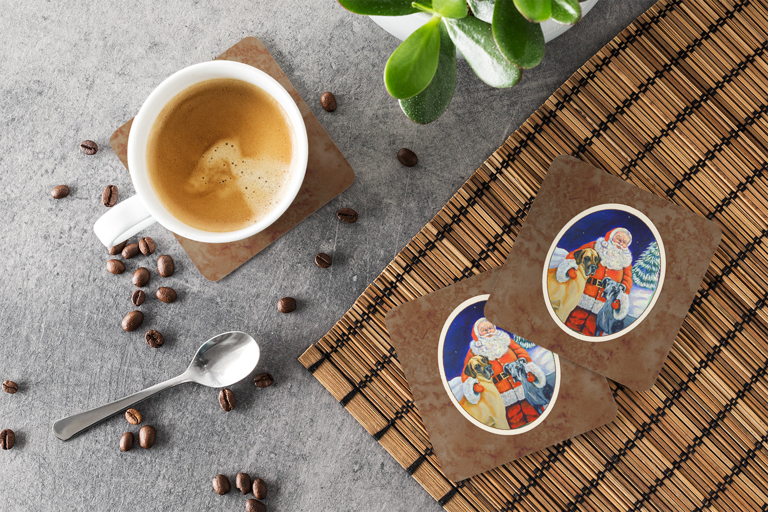 Santa Claus with Great Dane Foam Coasters Set of 4 Cup Coasters for Indoor Outdoor, Tabletop Protection, Anti Slip, Mouse pad Material