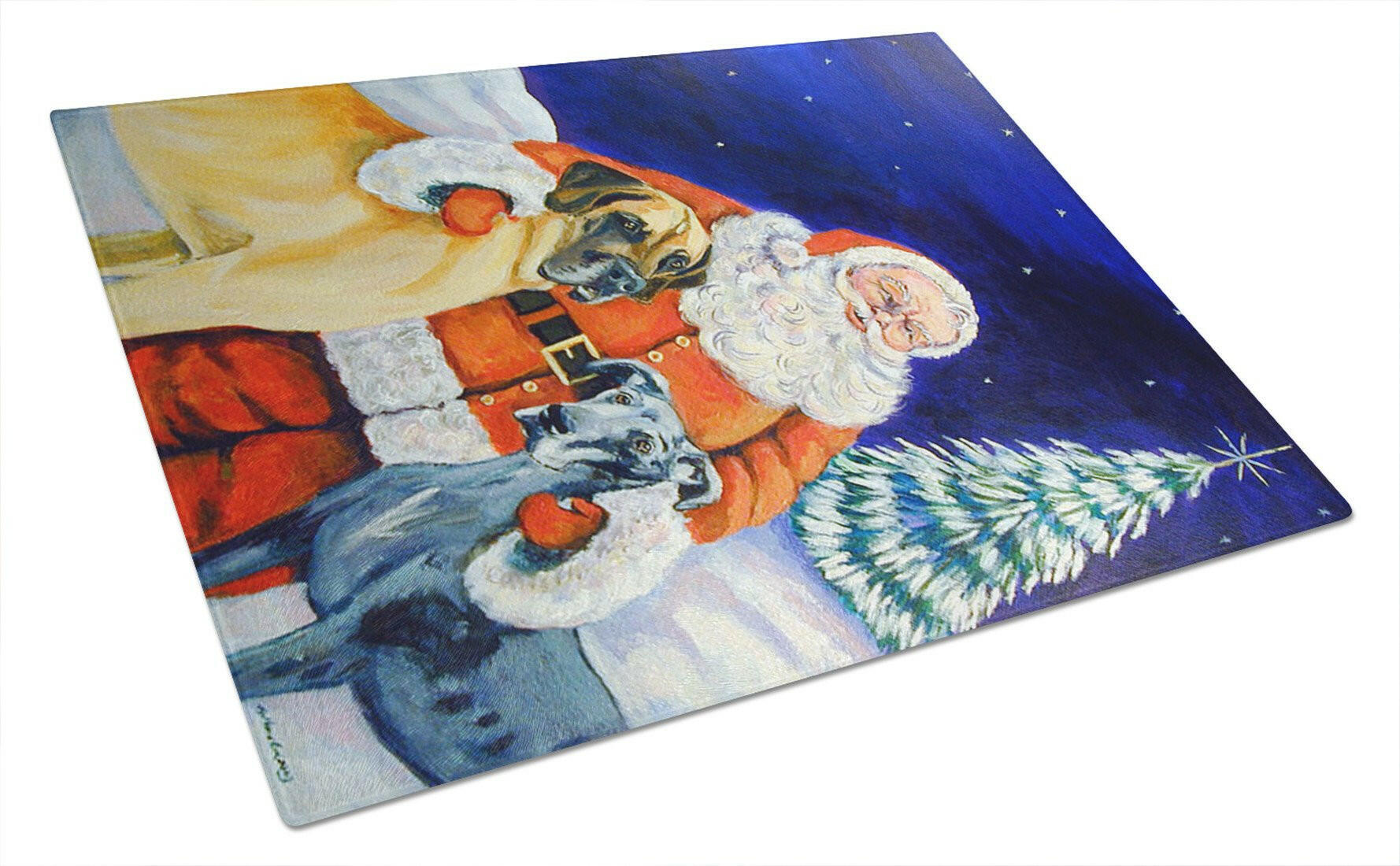 Santa Claus with Great Dane Cutting Board Tempered Glass Kitchen Cutting Surface, Heat Resistant Chopping, Non-Slip Feet, Food Prep & Serving