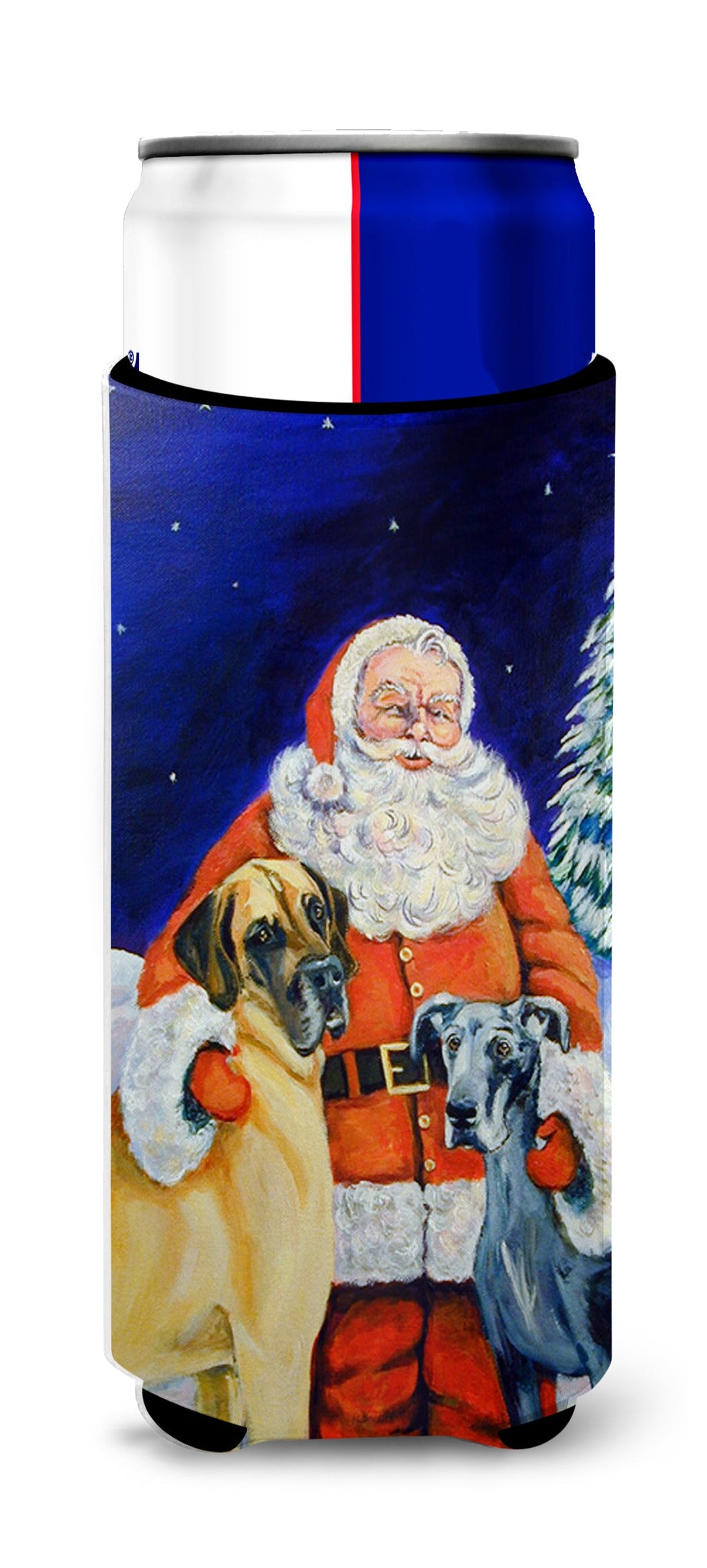 Santa Claus with Great Dane Slim Can Hugger , Insulated Foam Hugger for 12 oz Slim Cans, Beer Bottles & Water Bottles, Printed in USA