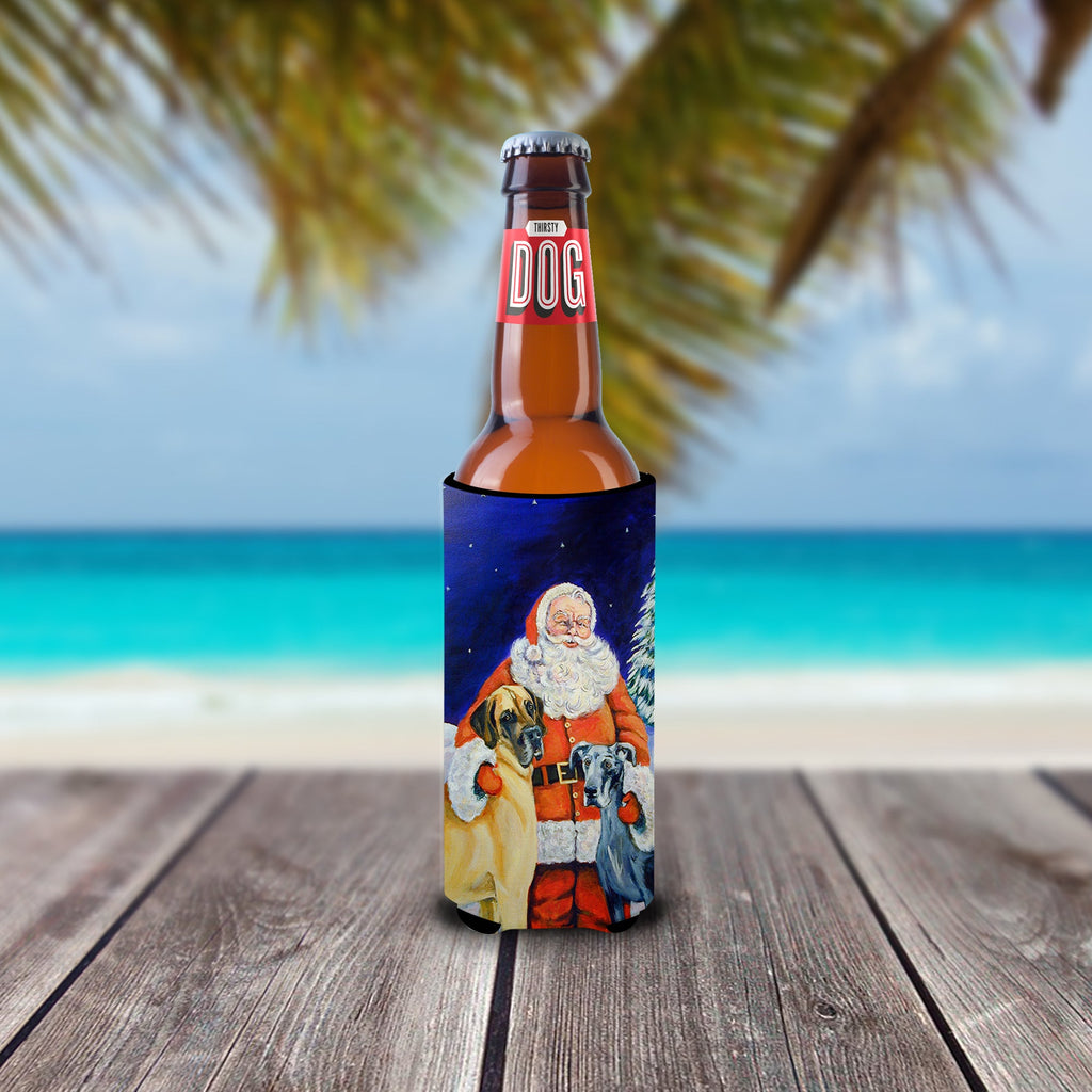 Santa Claus with Great Dane Slim Can Hugger , Insulated Foam Hugger for 12 oz Slim Cans, Beer Bottles & Water Bottles, Printed in USA