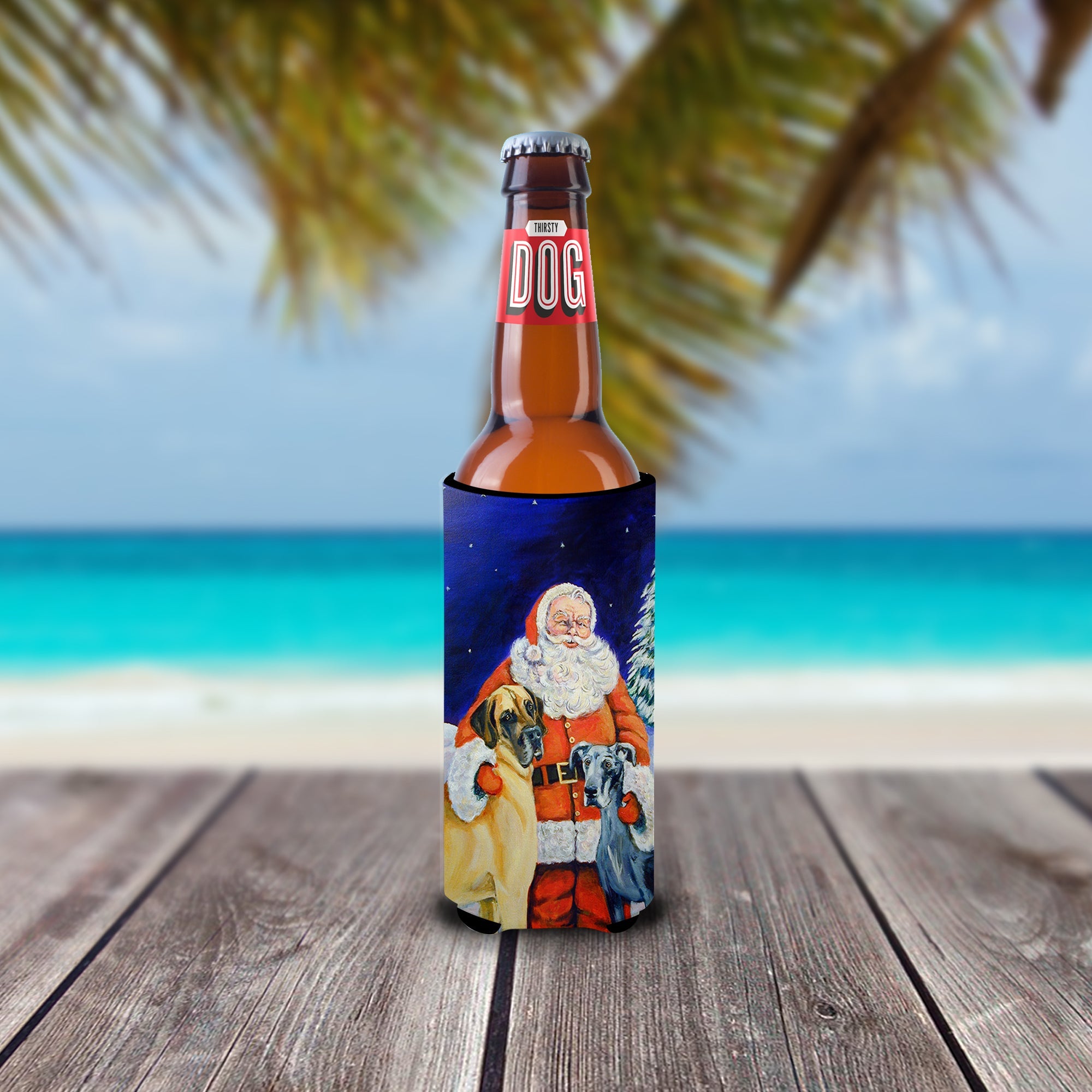 Santa Claus with Great Dane Slim Can Hugger , Insulated Foam Hugger for 12 oz Slim Cans, Beer Bottles & Water Bottles, Printed in USA
