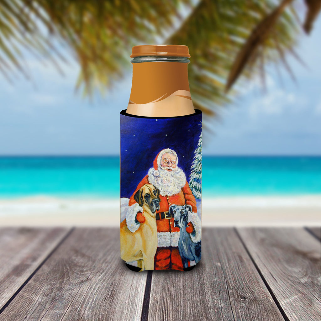 Santa Claus with Great Dane Slim Can Hugger , Insulated Foam Hugger for 12 oz Slim Cans, Beer Bottles & Water Bottles, Printed in USA