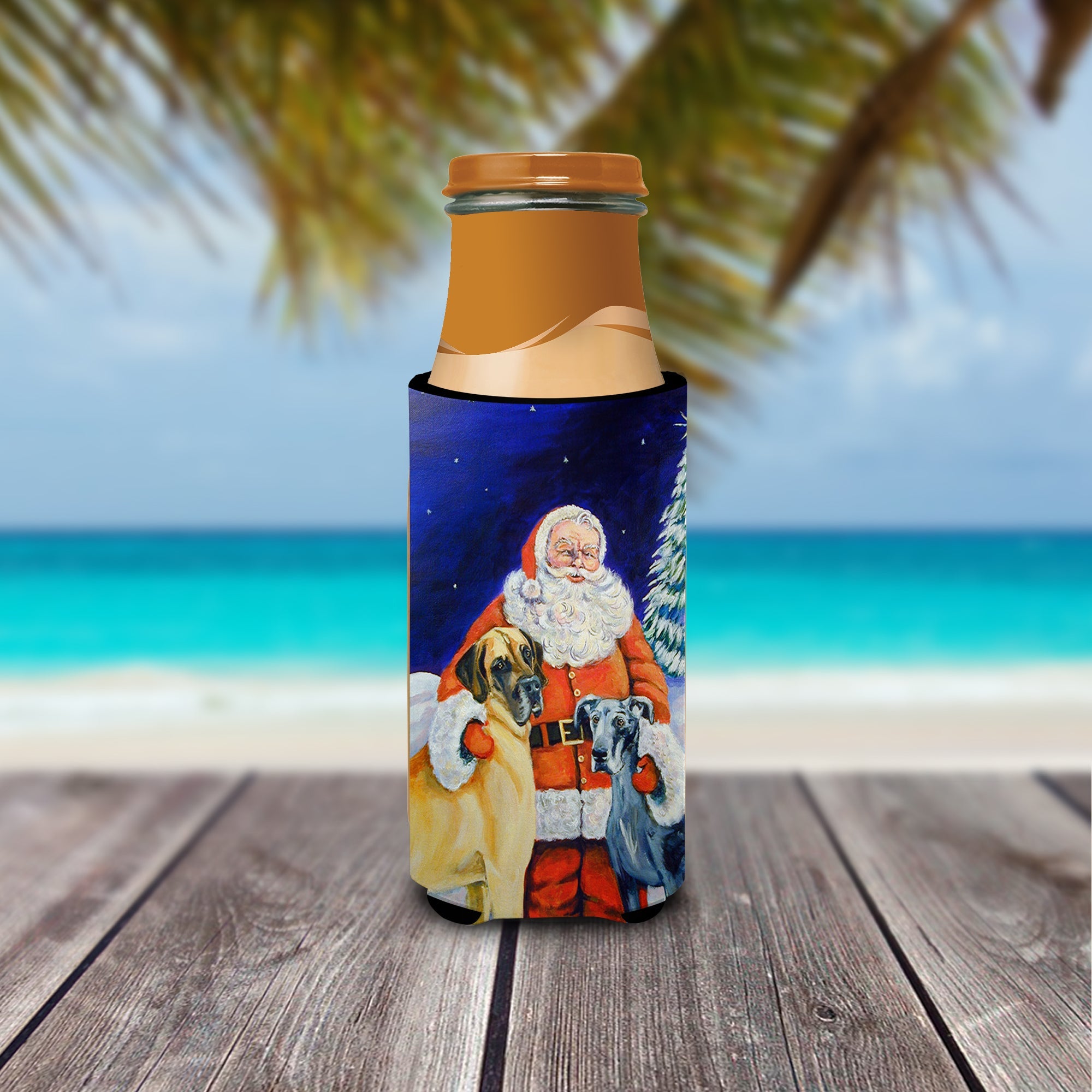 Santa Claus with Great Dane Slim Can Hugger , Insulated Foam Hugger for 12 oz Slim Cans, Beer Bottles & Water Bottles, Printed in USA