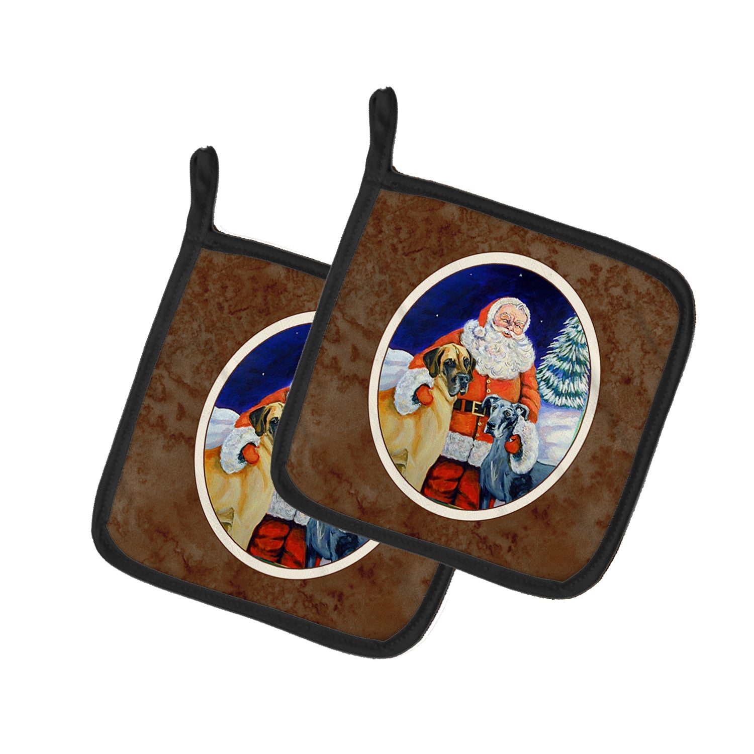 Santa Claus with Great Dane Pot Holder Set of 2 Heat Resistant Quilted Hot Pads 7.5 x 7.5 Inch, Insulated Kitchen Trivets for Cooking & Baking