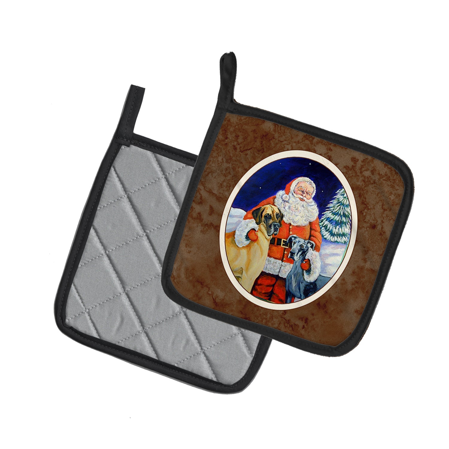 Santa Claus with Great Dane Pot Holder Set of 2 Heat Resistant Quilted Hot Pads 7.5 x 7.5 Inch, Insulated Kitchen Trivets for Cooking & Baking