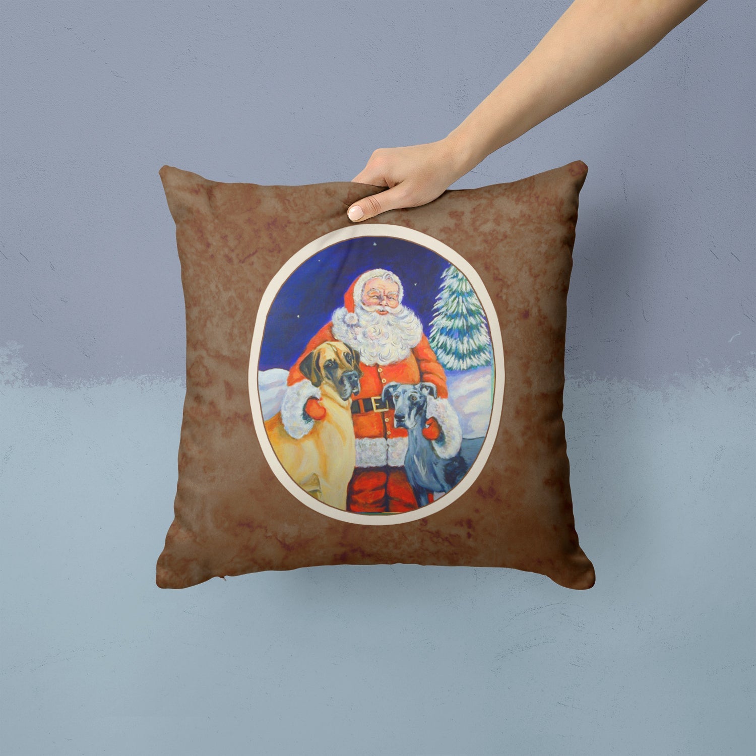 Santa Claus with Great Dane Decorative Throw Pillow 14x14 Indoor Outdoor Accent Cushion, Fabric Cover with Insert for Sofa, Bed, Porch & Living Room