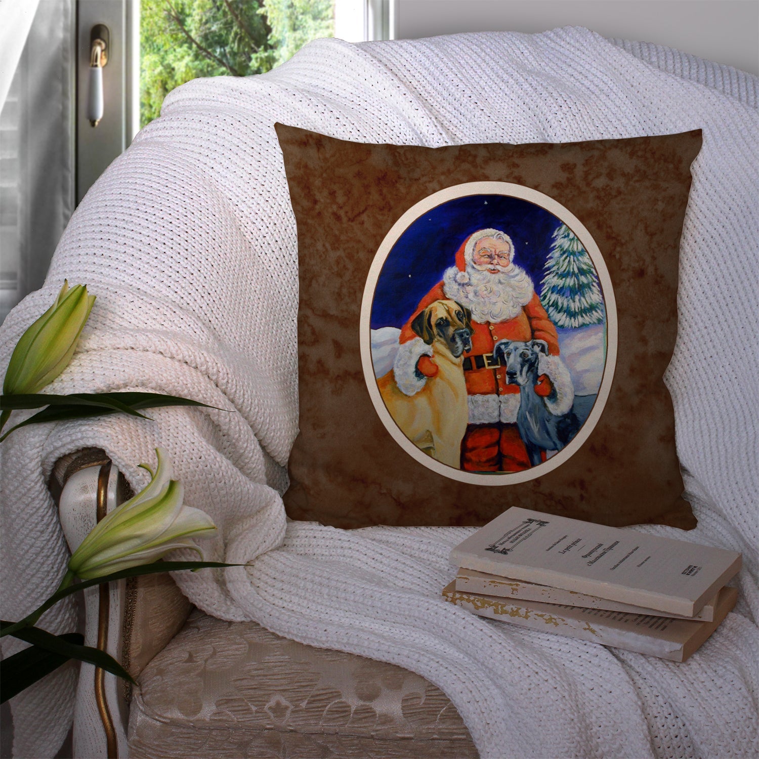 Santa Claus with Great Dane Decorative Throw Pillow 14x14 Indoor Outdoor Accent Cushion, Fabric Cover with Insert for Sofa, Bed, Porch & Living Room