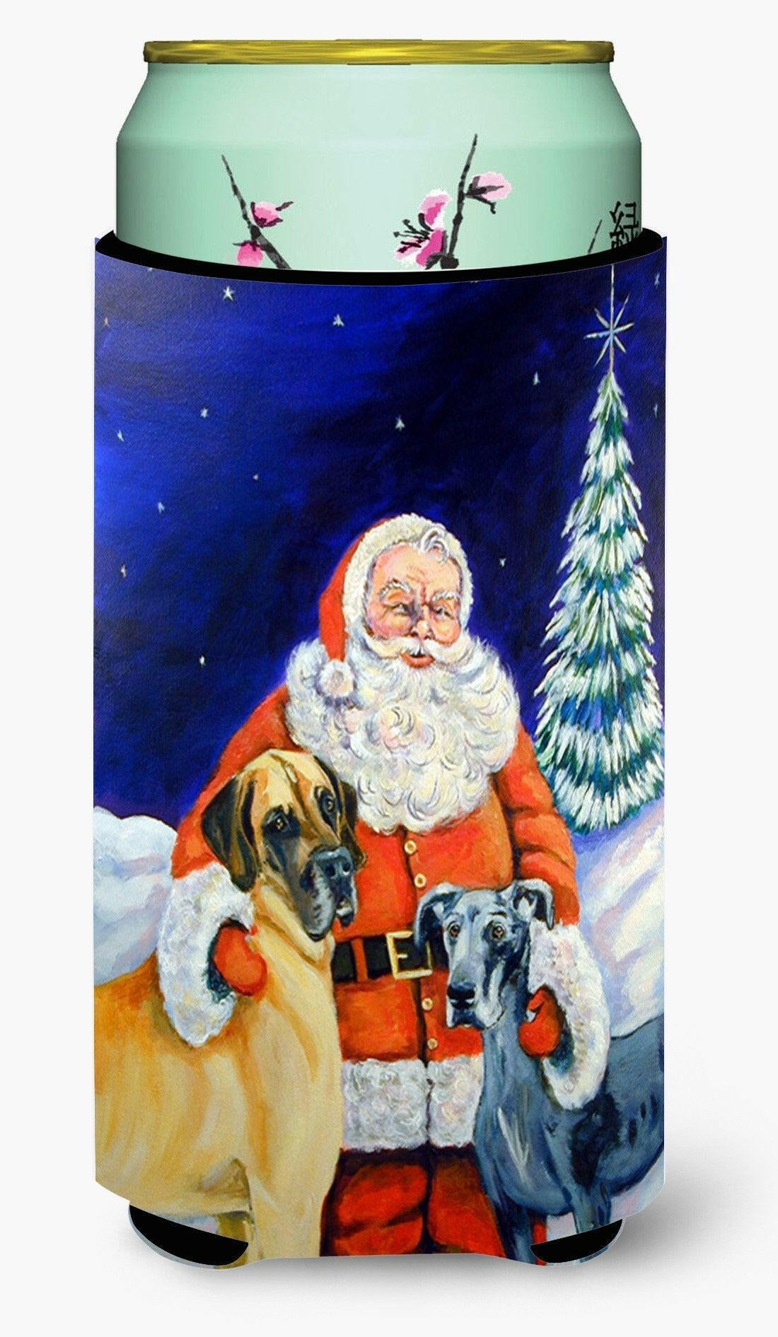 Santa Claus with Great Dane Tall Boy Hugger Can Cooler Sleeve Machine Washable Drink Collapsible Insulator Beverage Insulated Holder