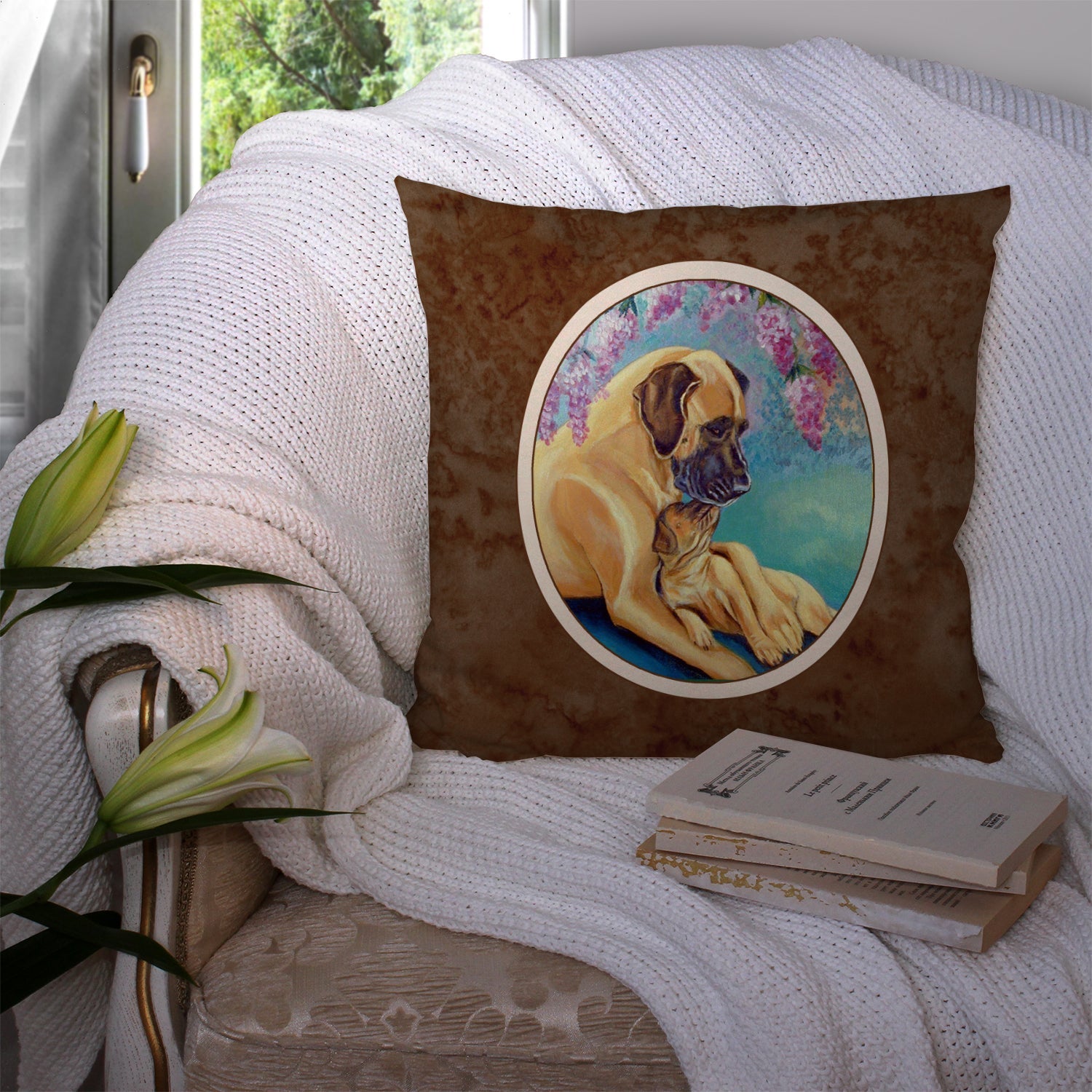 Great Dane and puppy Decorative Throw Pillow 14x14 Indoor Outdoor Accent Cushion, Fabric Cover with Insert for Sofa, Bed, Porch & Living Room