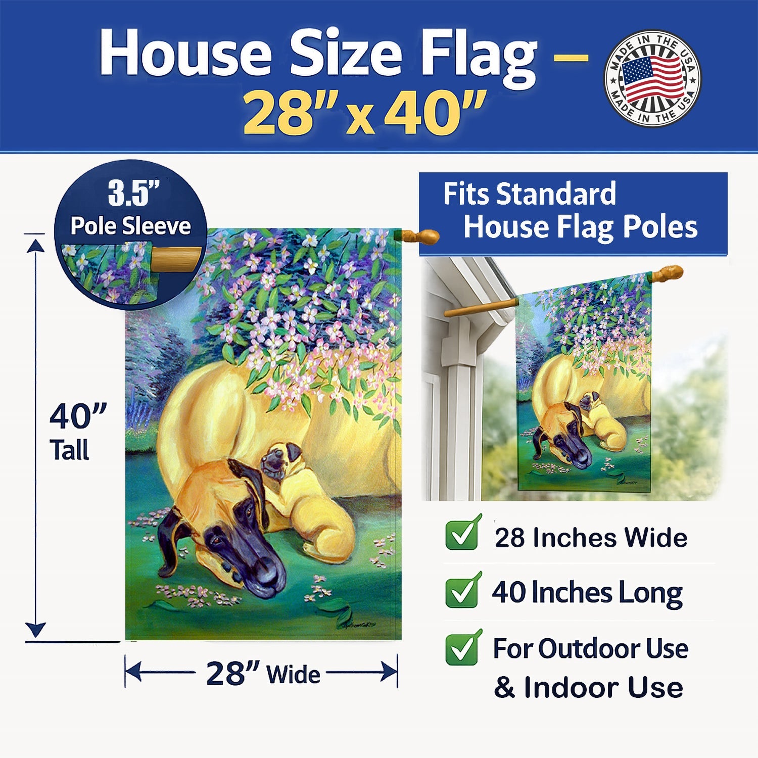 Great Dane and puppy House Flag 28x40 Porch Sleeve Pole Decorative Outside Yard Banner Artwork Wall Hanging, Polyester