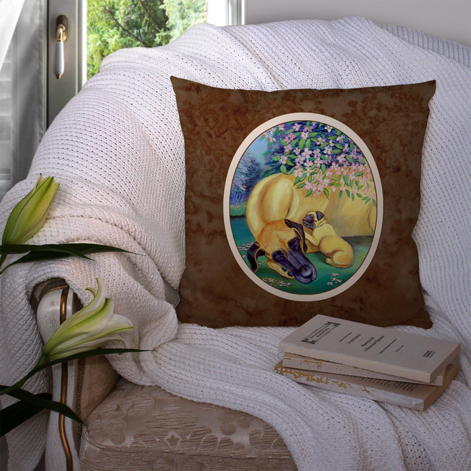 Great Dane and puppy Decorative Throw Pillow 14x14 Indoor Outdoor Accent Cushion, Fabric Cover with Insert for Sofa, Bed, Porch & Living Room