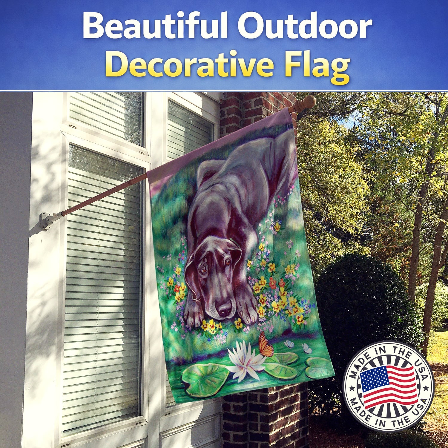 Blue Great Dane House Flag 28x40 Porch Sleeve Pole Decorative Outside Yard Banner Artwork Wall Hanging, Polyester