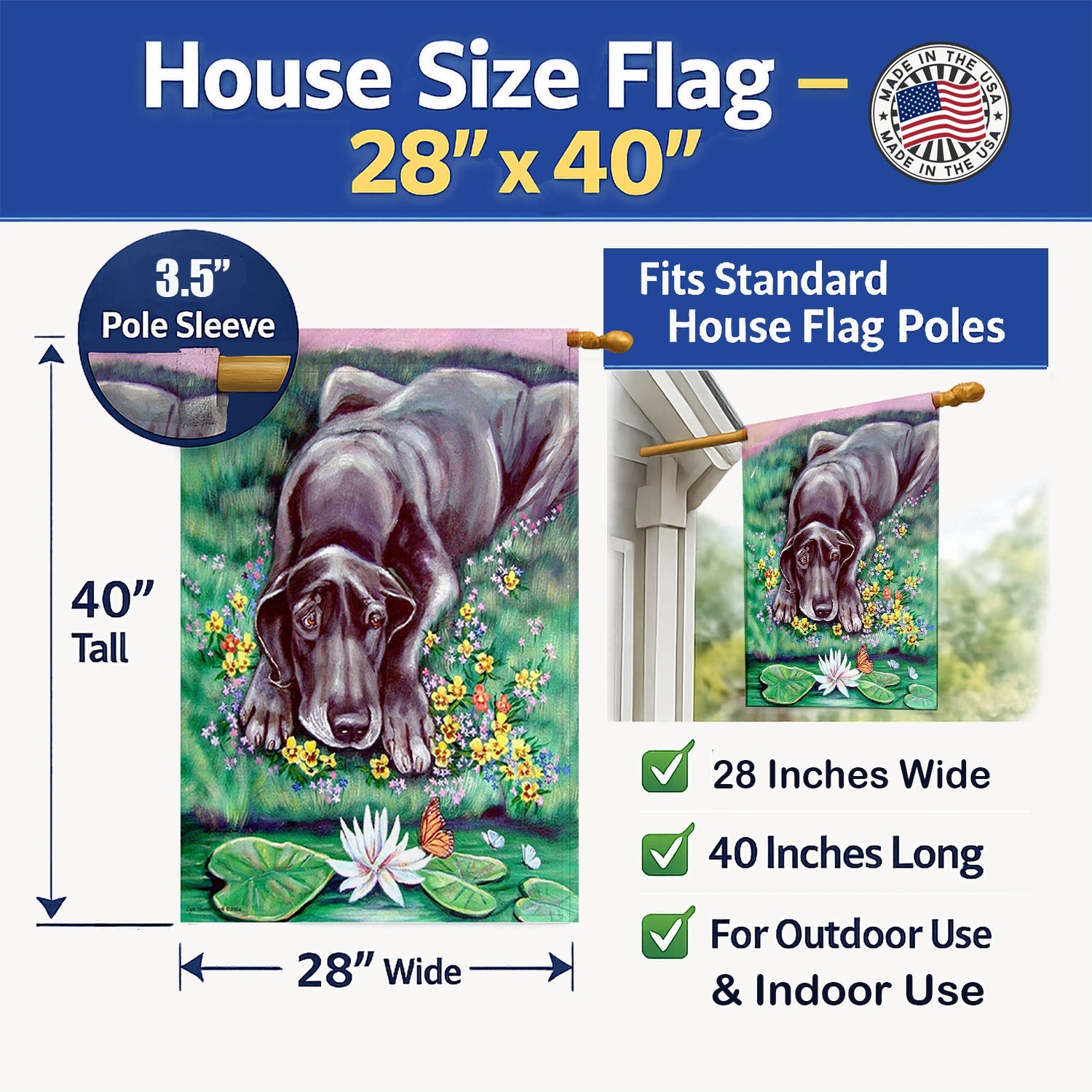 Blue Great Dane House Flag 28x40 Porch Sleeve Pole Decorative Outside Yard Banner Artwork Wall Hanging, Polyester