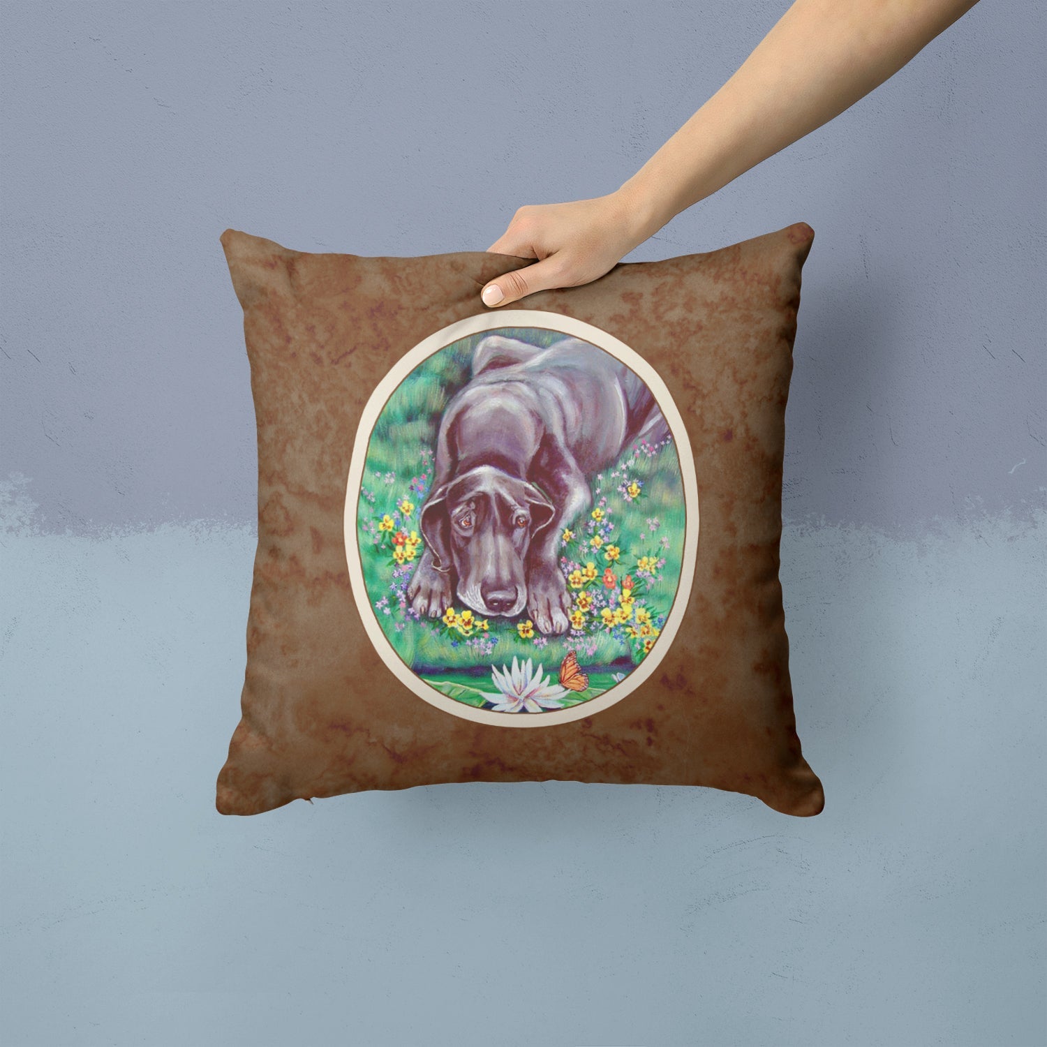 Blue Great Dane Decorative Throw Pillow 14x14 Indoor Outdoor Accent Cushion, Fabric Cover with Insert for Sofa, Bed, Porch & Living Room