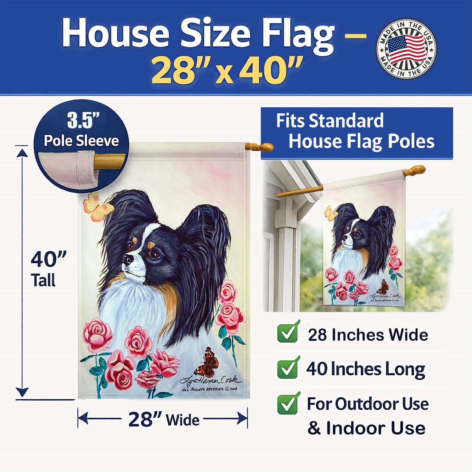 Papillon House Flag 28x40 Porch Sleeve Pole Decorative Outside Yard Banner Artwork Wall Hanging, Polyester