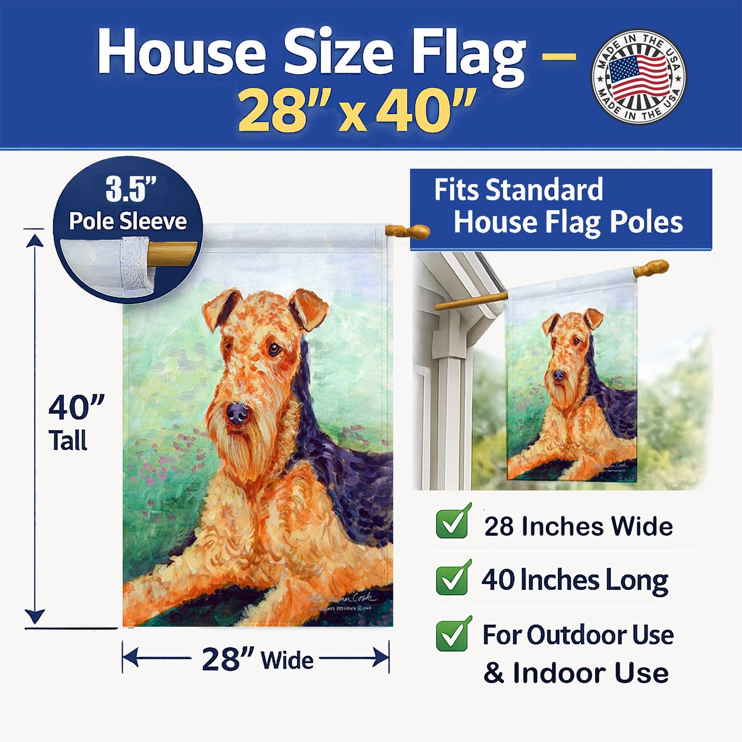 Airedale Terrier House Flag 28x40 Porch Sleeve Pole Decorative Outside Yard Banner Artwork Wall Hanging, Polyester