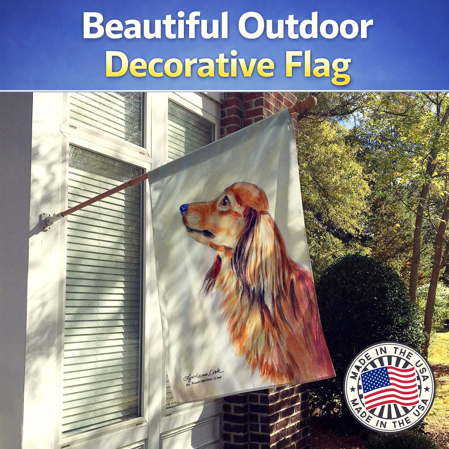 Long Haired Red Dachshund House Flag 28x40 Porch Sleeve Pole Decorative Outside Yard Banner Artwork Wall Hanging, Polyester