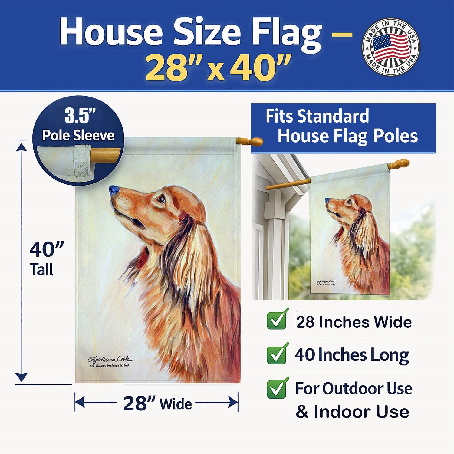 Long Haired Red Dachshund House Flag 28x40 Porch Sleeve Pole Decorative Outside Yard Banner Artwork Wall Hanging, Polyester