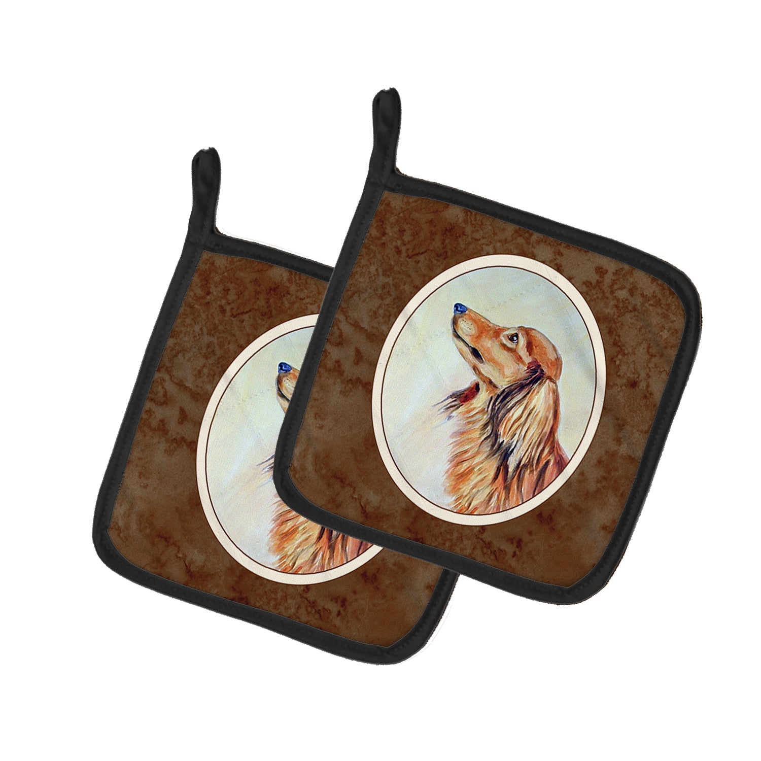 Long Haired Red Dachshund Pot Holder Set of 2 Heat Resistant Quilted Hot Pads 7.5 x 7.5 Inch, Insulated Kitchen Trivets for Cooking & Baking
