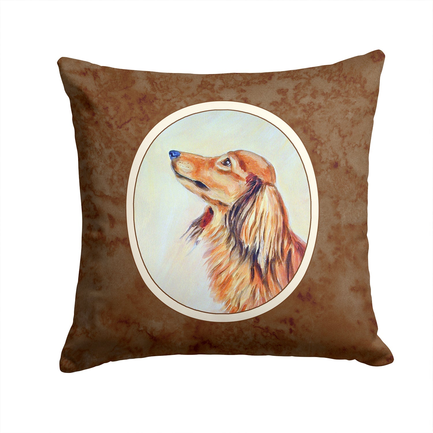 Long Haired Red Dachshund Decorative Throw Pillow 14x14 Indoor Outdoor Accent Cushion, Fabric Cover with Insert for Sofa, Bed, Porch & Living Room