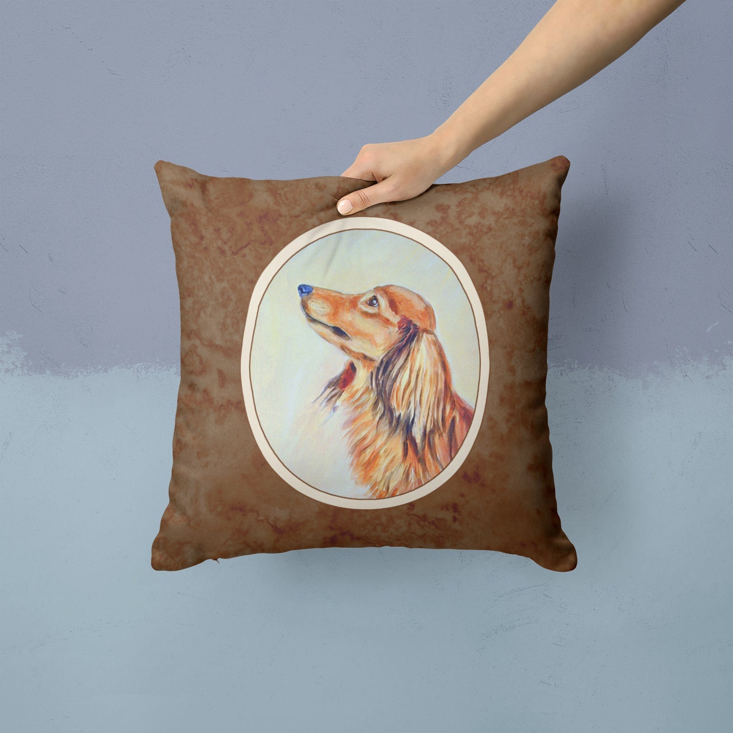 Long Haired Red Dachshund Decorative Throw Pillow 14x14 Indoor Outdoor Accent Cushion, Fabric Cover with Insert for Sofa, Bed, Porch & Living Room
