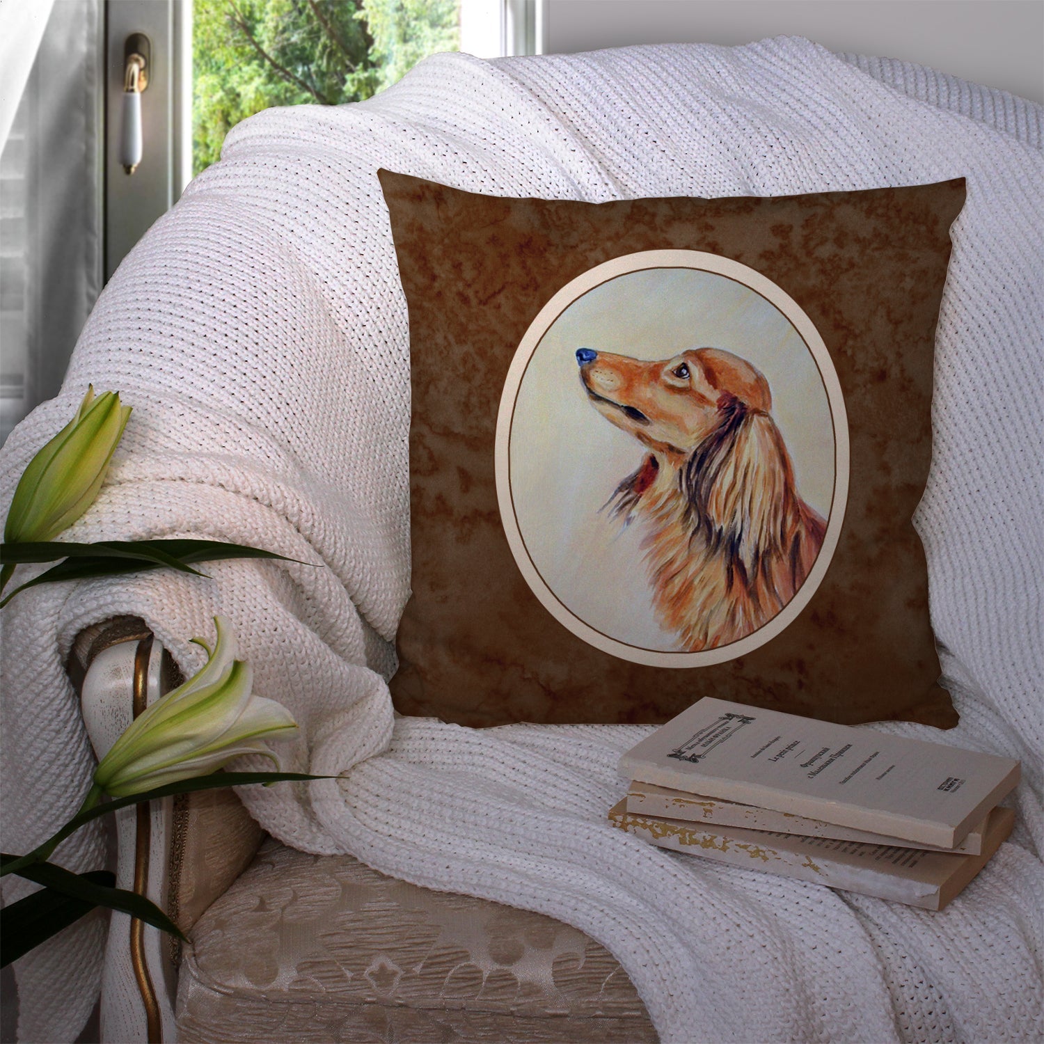 Long Haired Red Dachshund Decorative Throw Pillow 14x14 Indoor Outdoor Accent Cushion, Fabric Cover with Insert for Sofa, Bed, Porch & Living Room