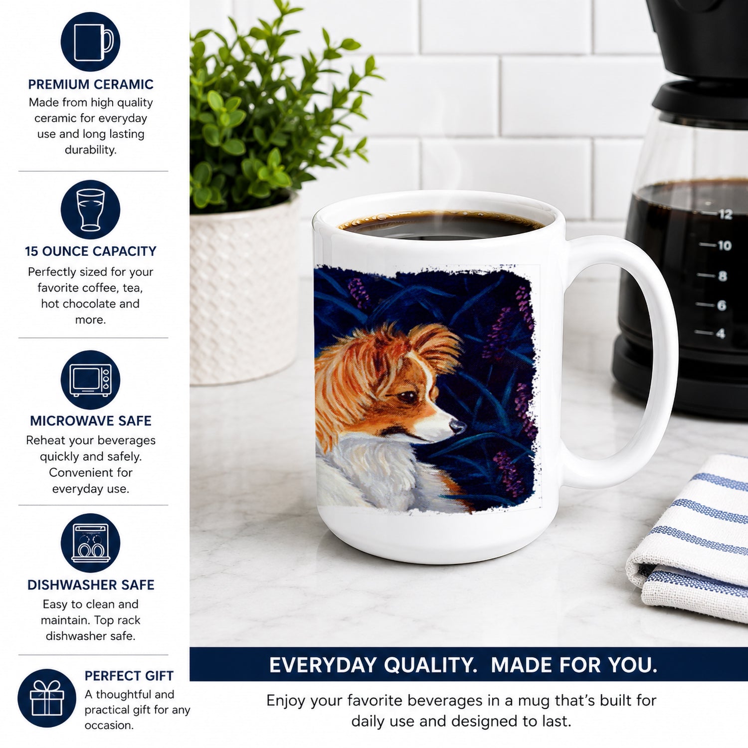 Papillon Ceramic Coffee Mug 15 oz Decorative Large C Handle Mug Cup for Tea, Cocoa Hot Chocolate