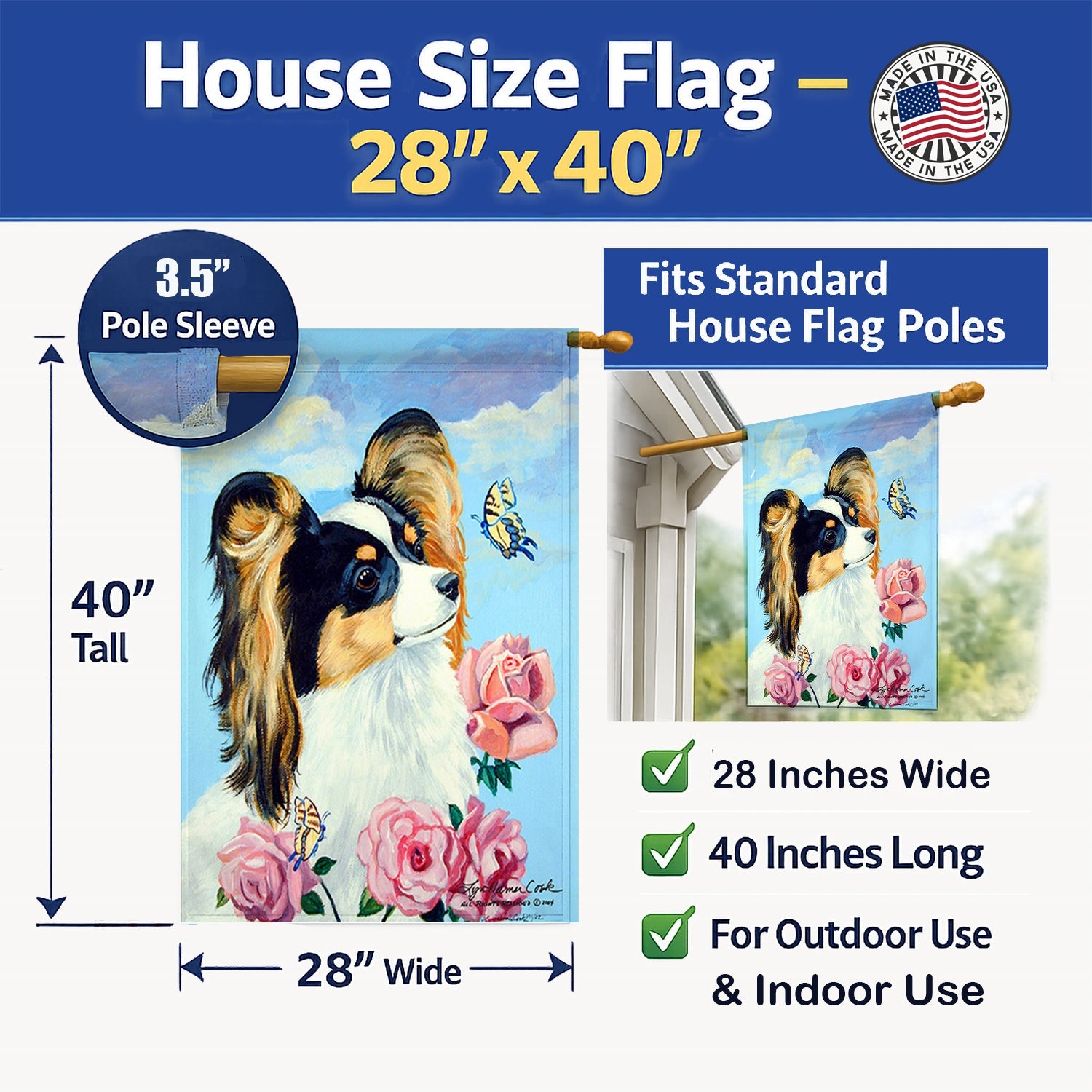 Papillon House Flag 28x40 Porch Sleeve Pole Decorative Outside Yard Banner Artwork Wall Hanging, Polyester