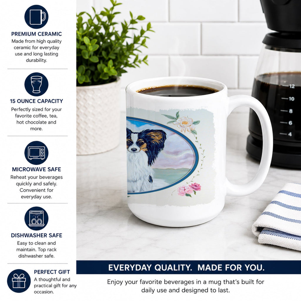 Papillon  Ceramic Coffee Mug 15 oz Decorative Large C Handle Mug Cup for Tea, Cocoa Hot Chocolate