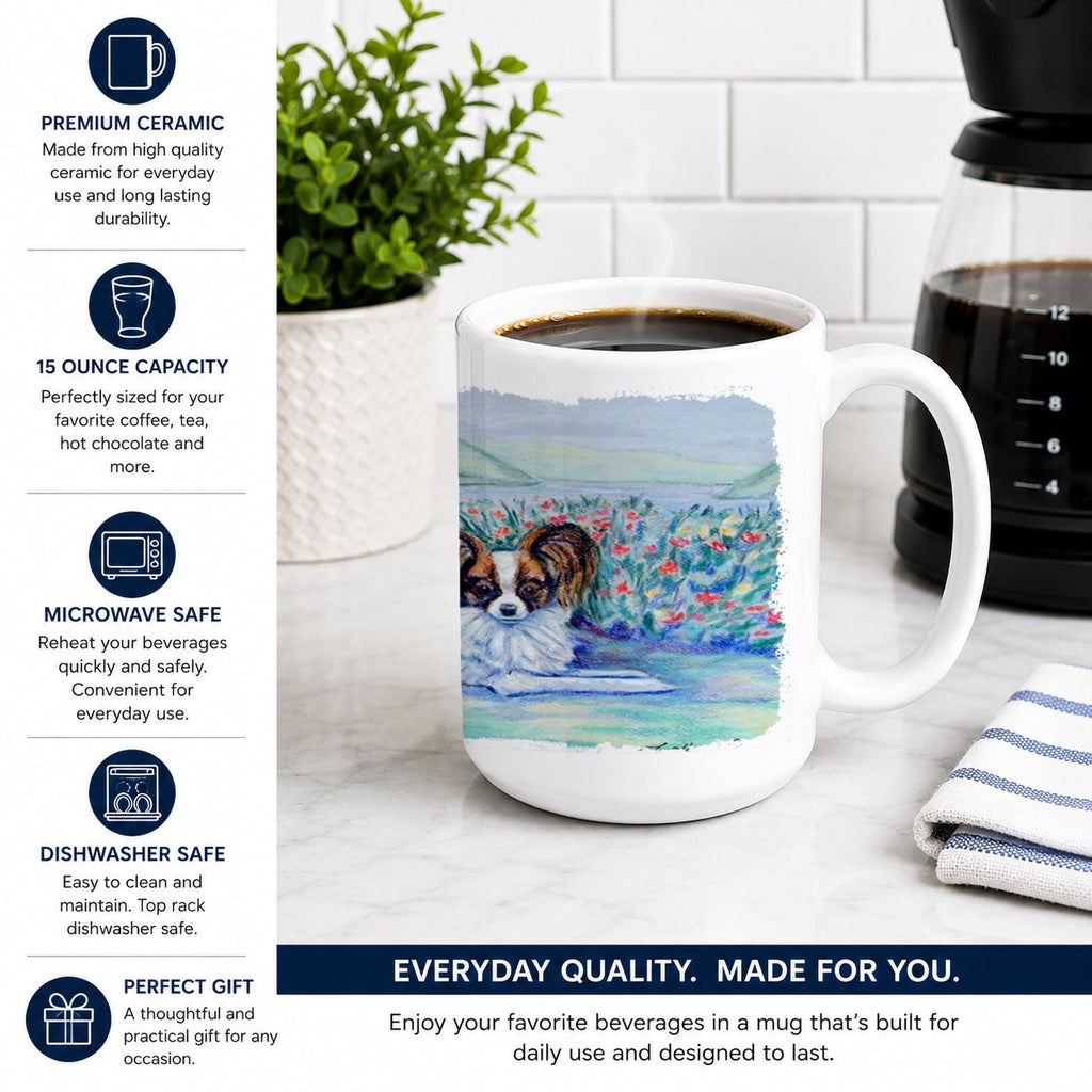 Papillon Ceramic Coffee Mug 15 oz Decorative Large C Handle Mug Cup for Tea, Cocoa Hot Chocolate