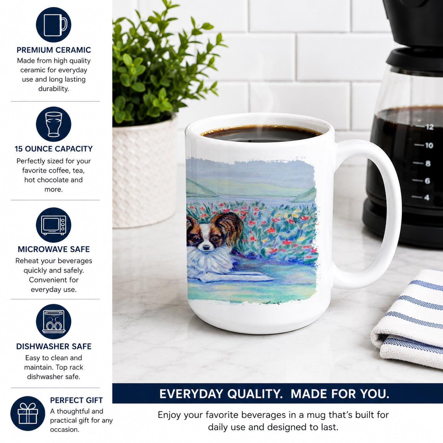 Papillon Ceramic Coffee Mug 15 oz Decorative Large C Handle Mug Cup for Tea, Cocoa Hot Chocolate