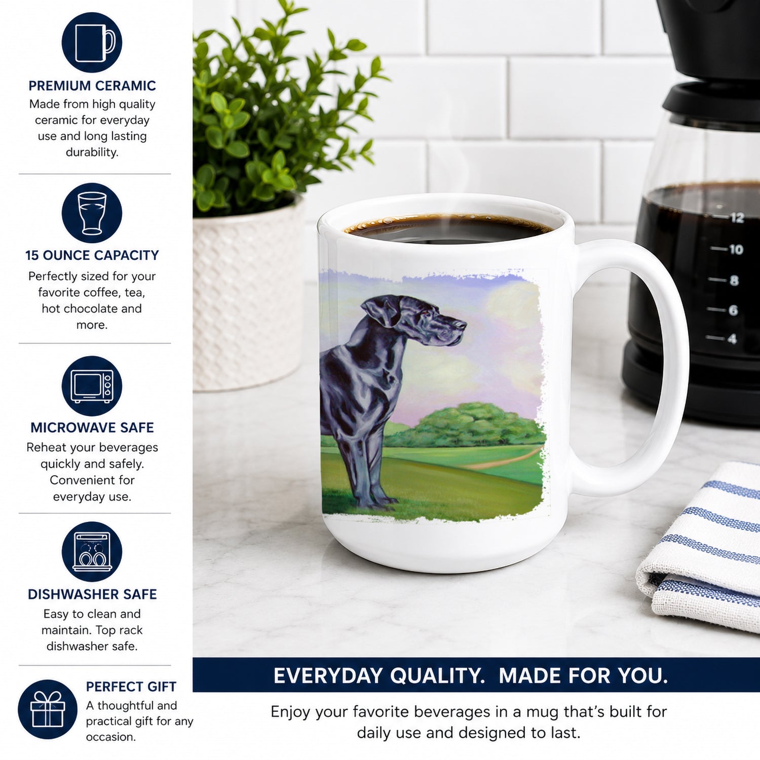 Great Dane Ceramic Coffee Mug 15 oz Decorative Large C Handle Mug Cup for Tea, Cocoa Hot Chocolate