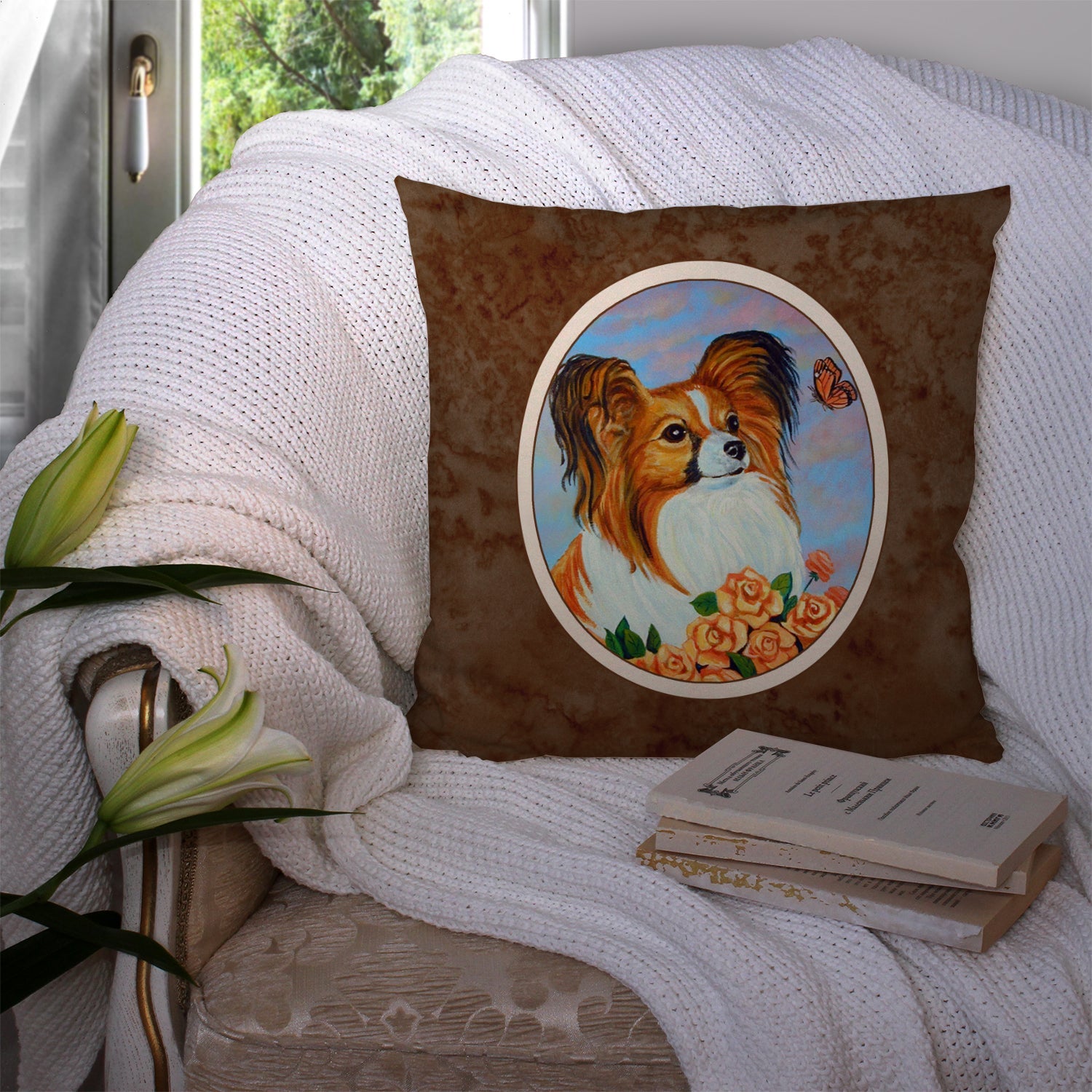 Papillon Decorative Throw Pillow 14x14 Indoor Outdoor Accent Cushion, Fabric Cover with Insert for Sofa, Bed, Porch & Living Room
