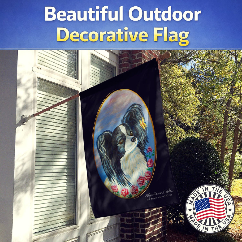 Black and White Papillon House Flag 28x40 Porch Sleeve Pole Decorative Outside Yard Banner Artwork Wall Hanging, Polyester