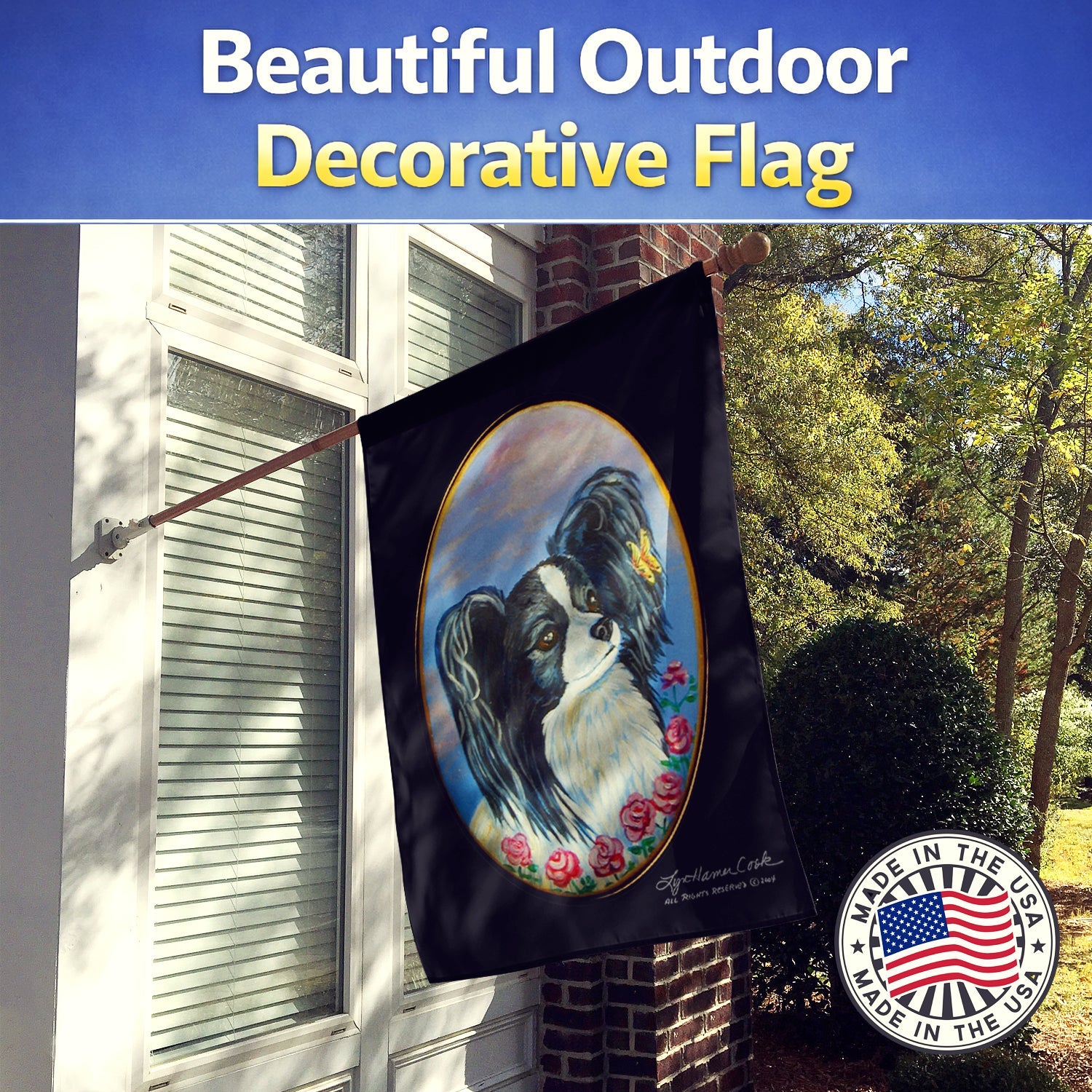 Black and White Papillon House Flag 28x40 Porch Sleeve Pole Decorative Outside Yard Banner Artwork Wall Hanging, Polyester