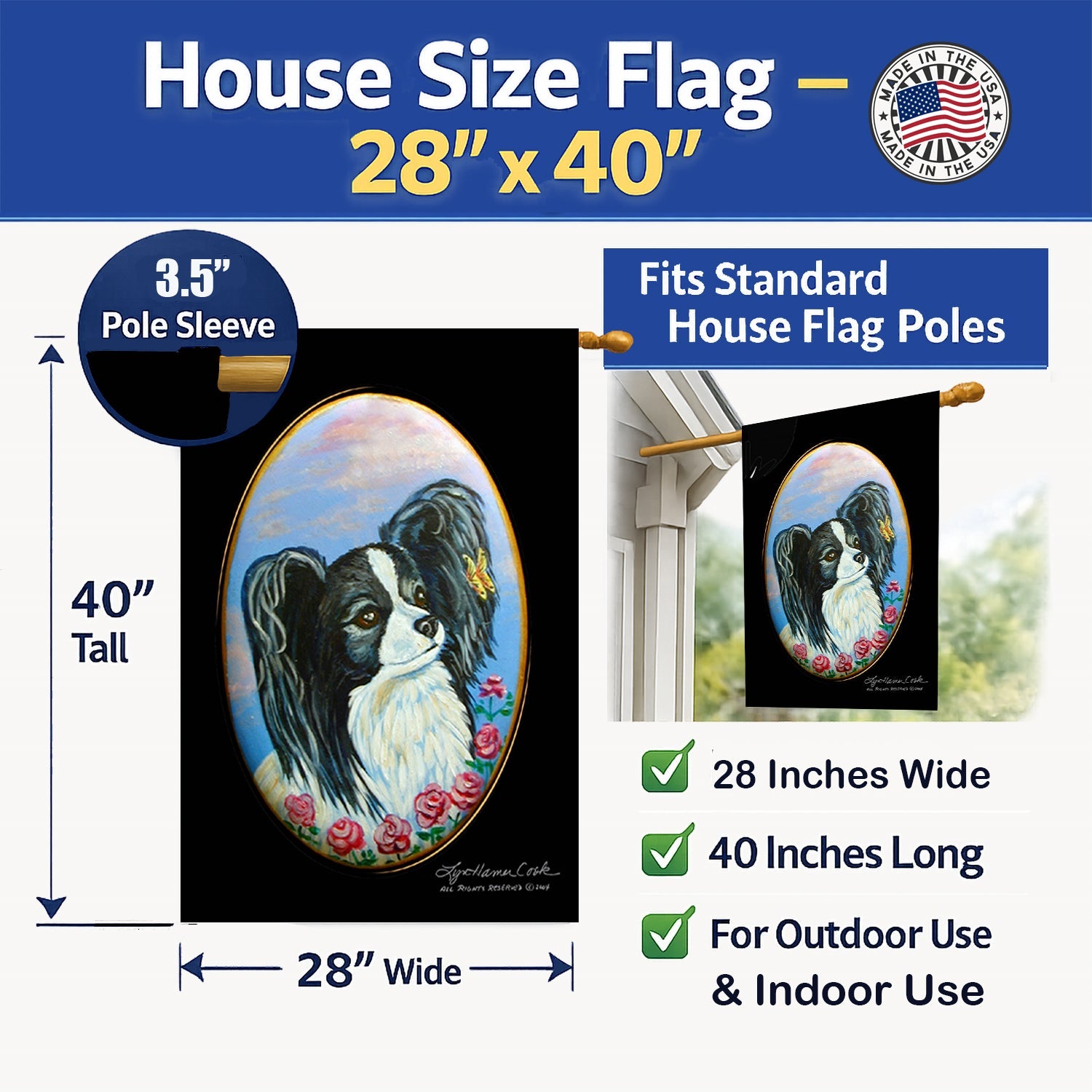 Black and White Papillon House Flag 28x40 Porch Sleeve Pole Decorative Outside Yard Banner Artwork Wall Hanging, Polyester